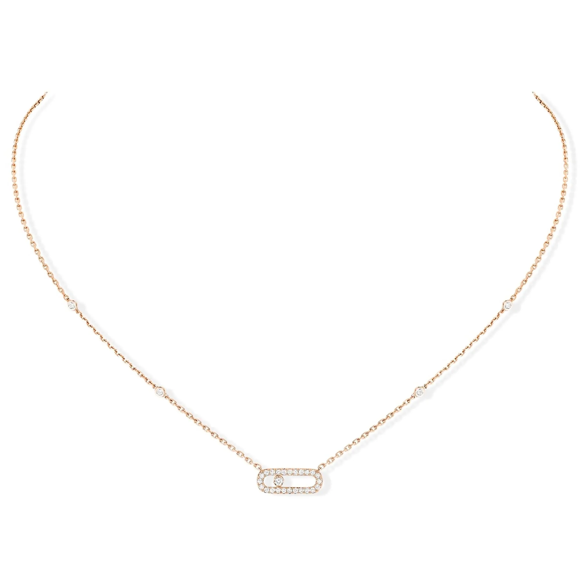 18ct Pink Gold Move Uno Single Diamond And Pave Set Diamond Necklace