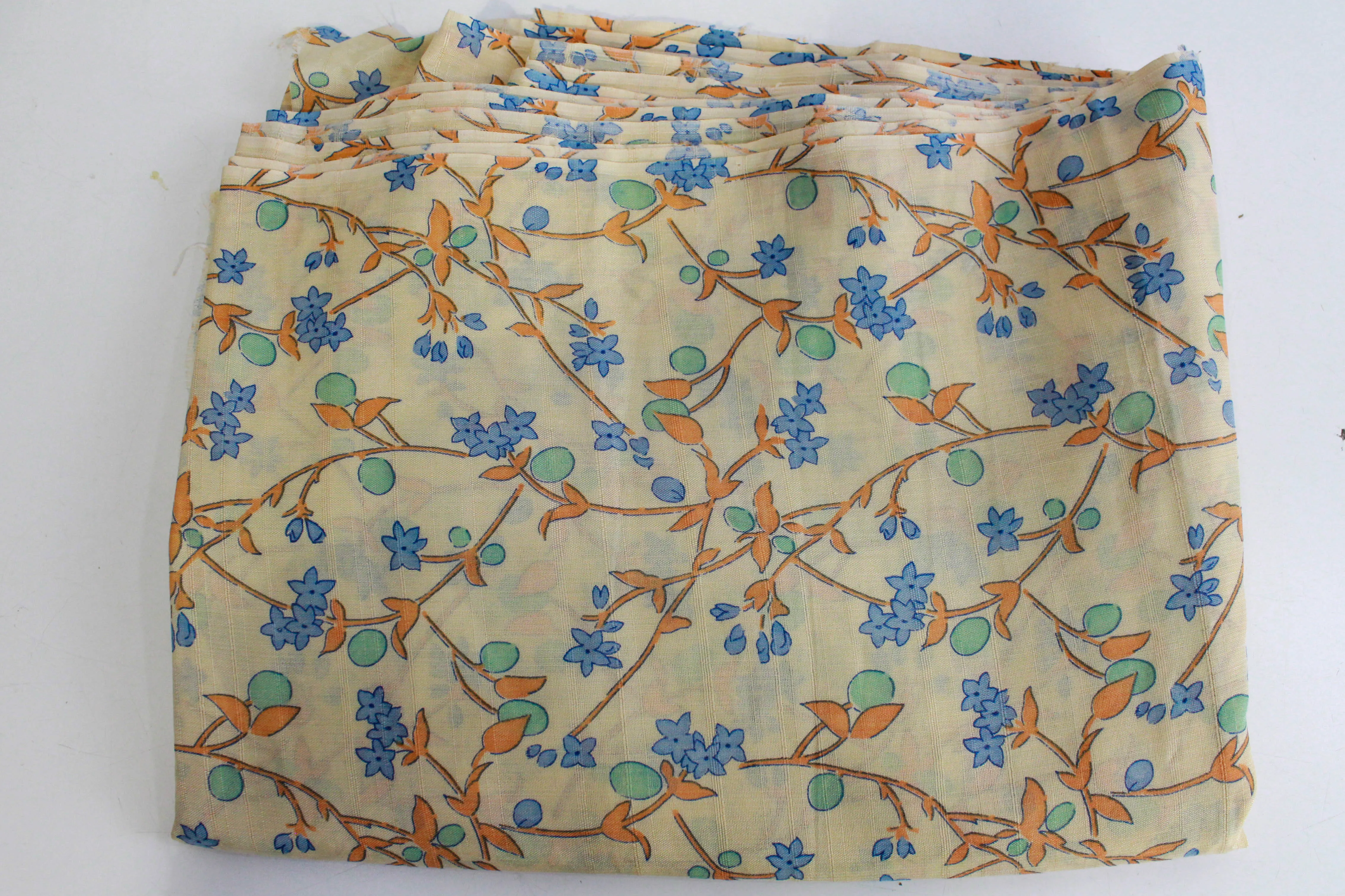 1920s Peach Blue Floral Print Cotton Fabric, 5 Yards