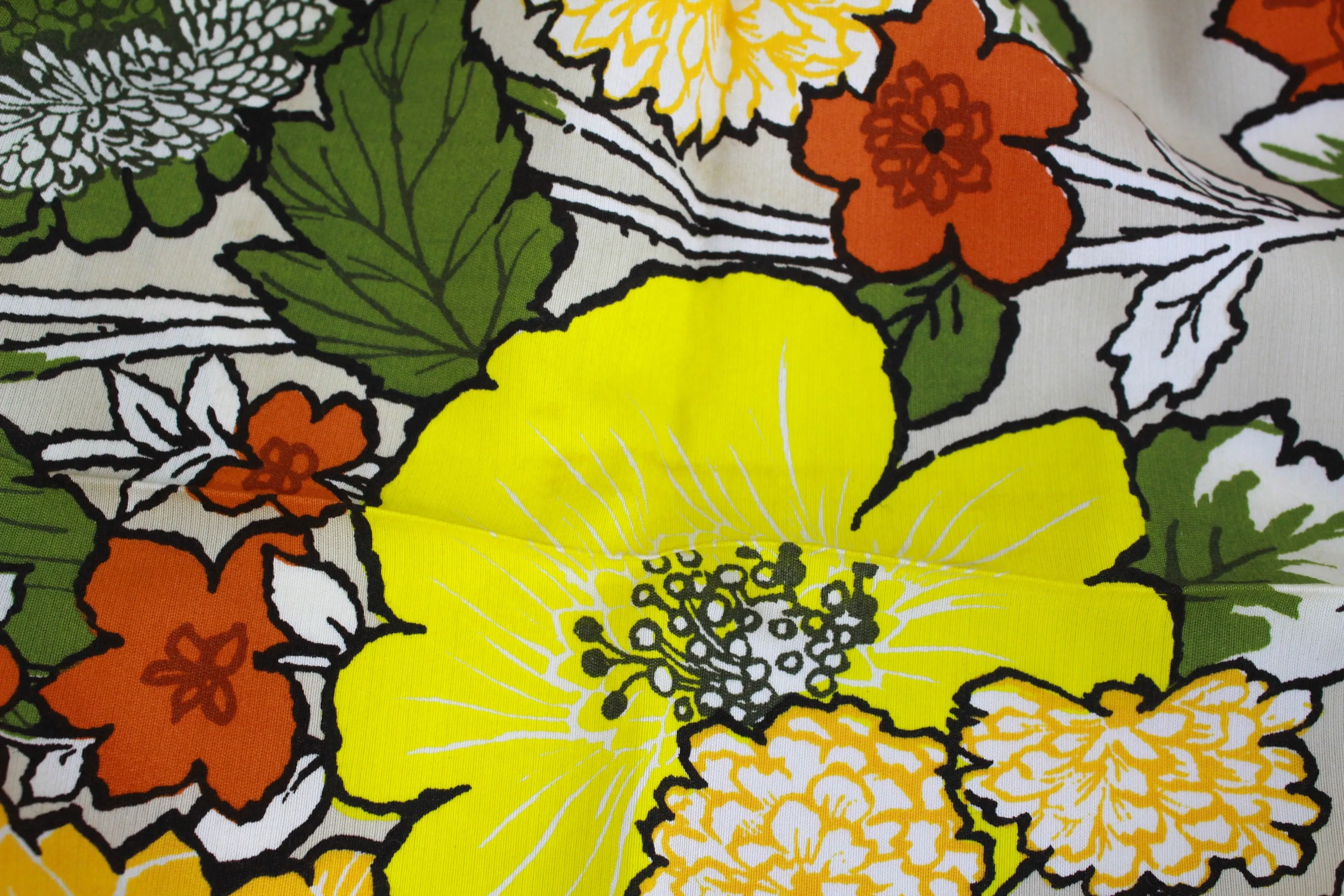 1960s Green and Yellow Mod Floral Print Cotton Fabric, 4 Yards