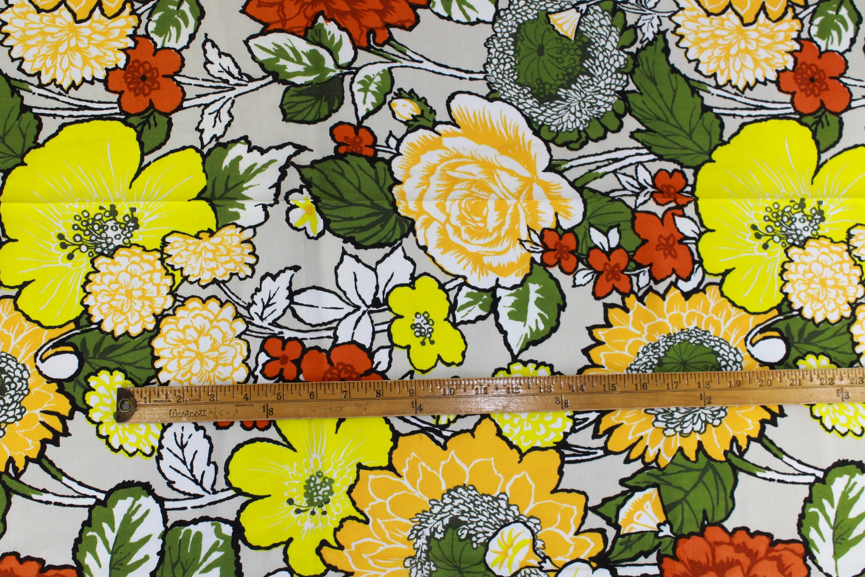 1960s Green and Yellow Mod Floral Print Cotton Fabric, 4 Yards