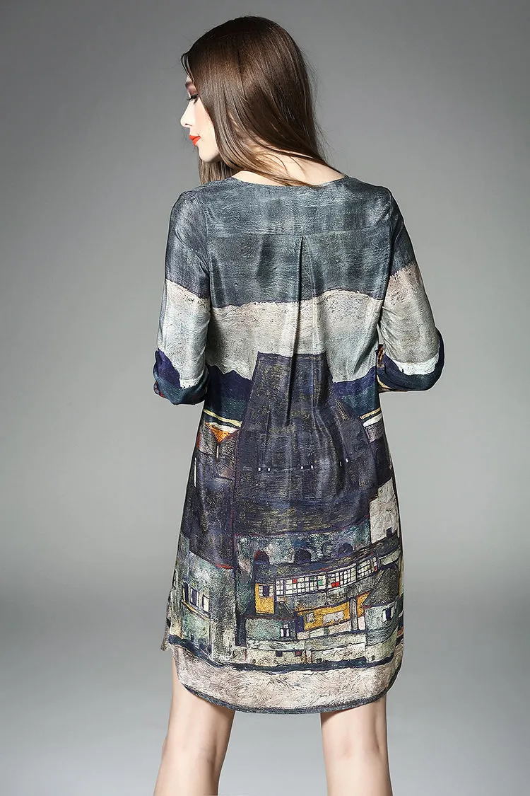 3/4 SLEEVE PRINTED LOOSE SILK DRESS