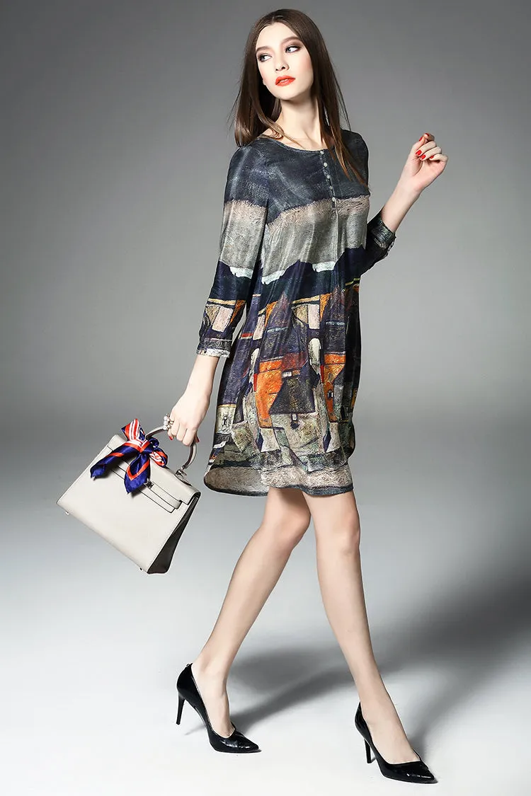 3/4 SLEEVE PRINTED LOOSE SILK DRESS