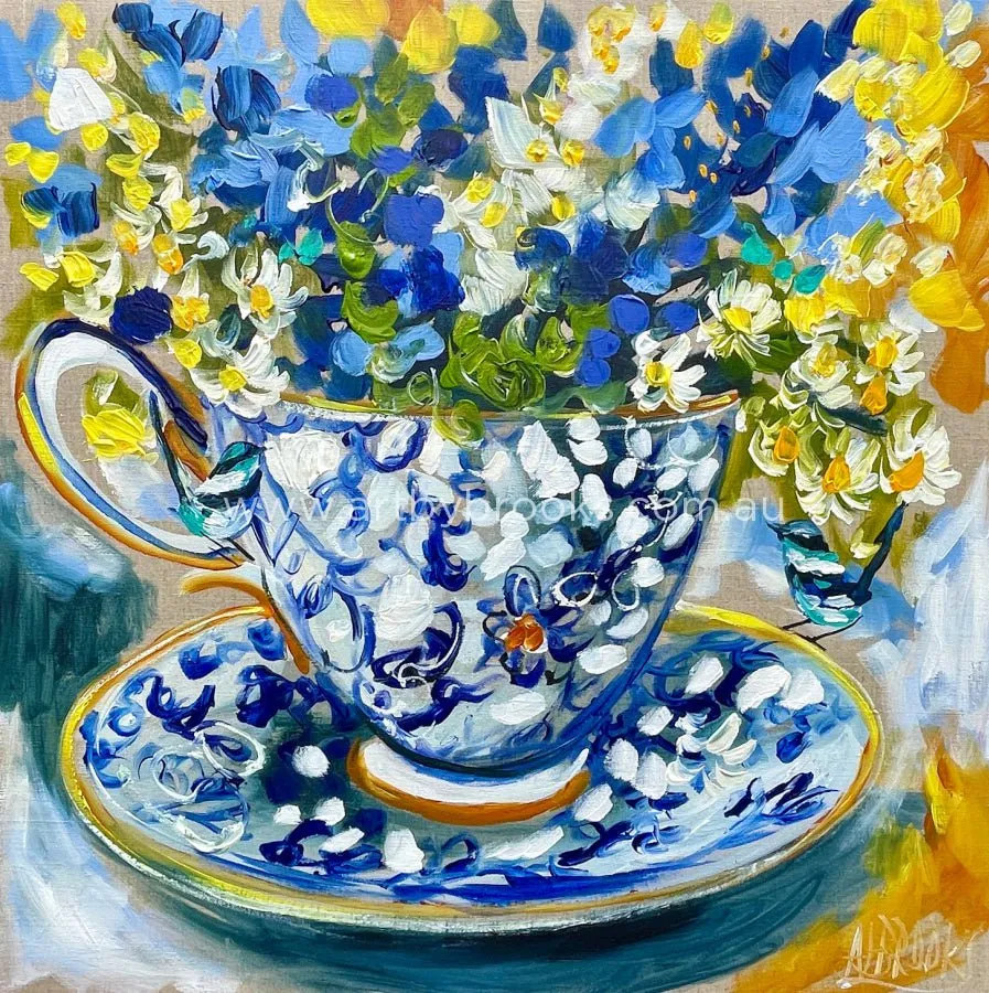 60x60 cm - teatime with blue wrens 1