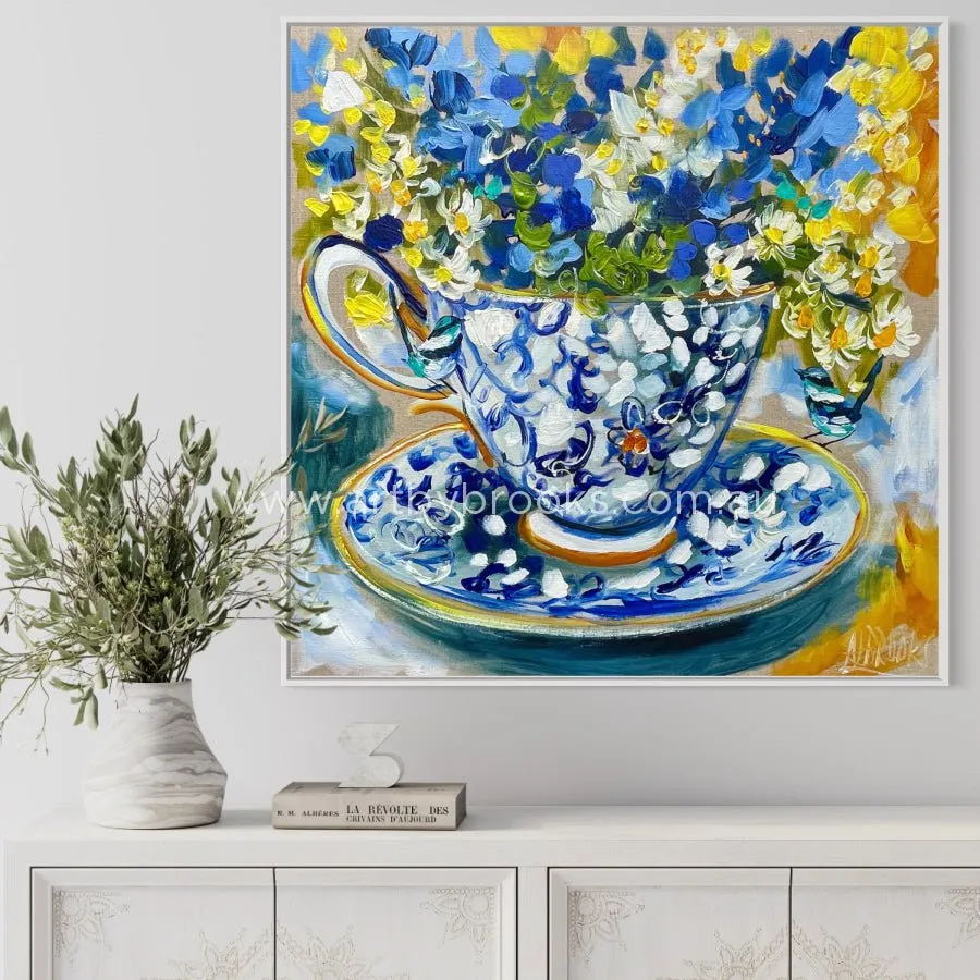 60x60 cm - teatime with blue wrens 1