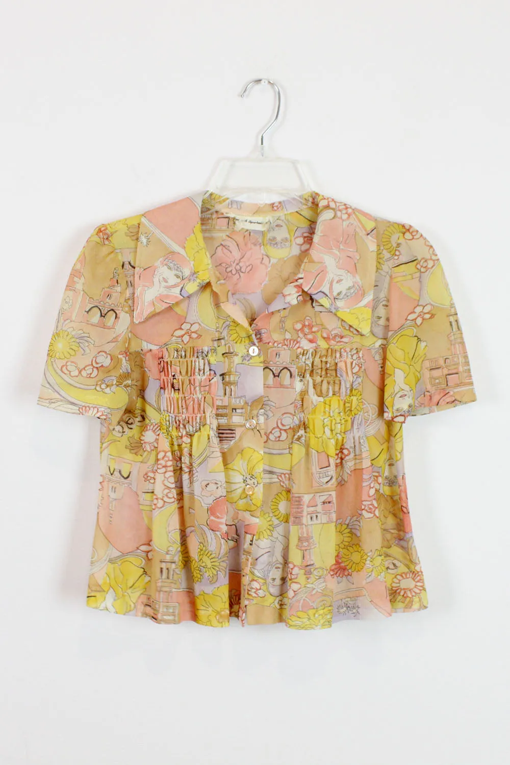 70s Novelty Print Swing Blouse S