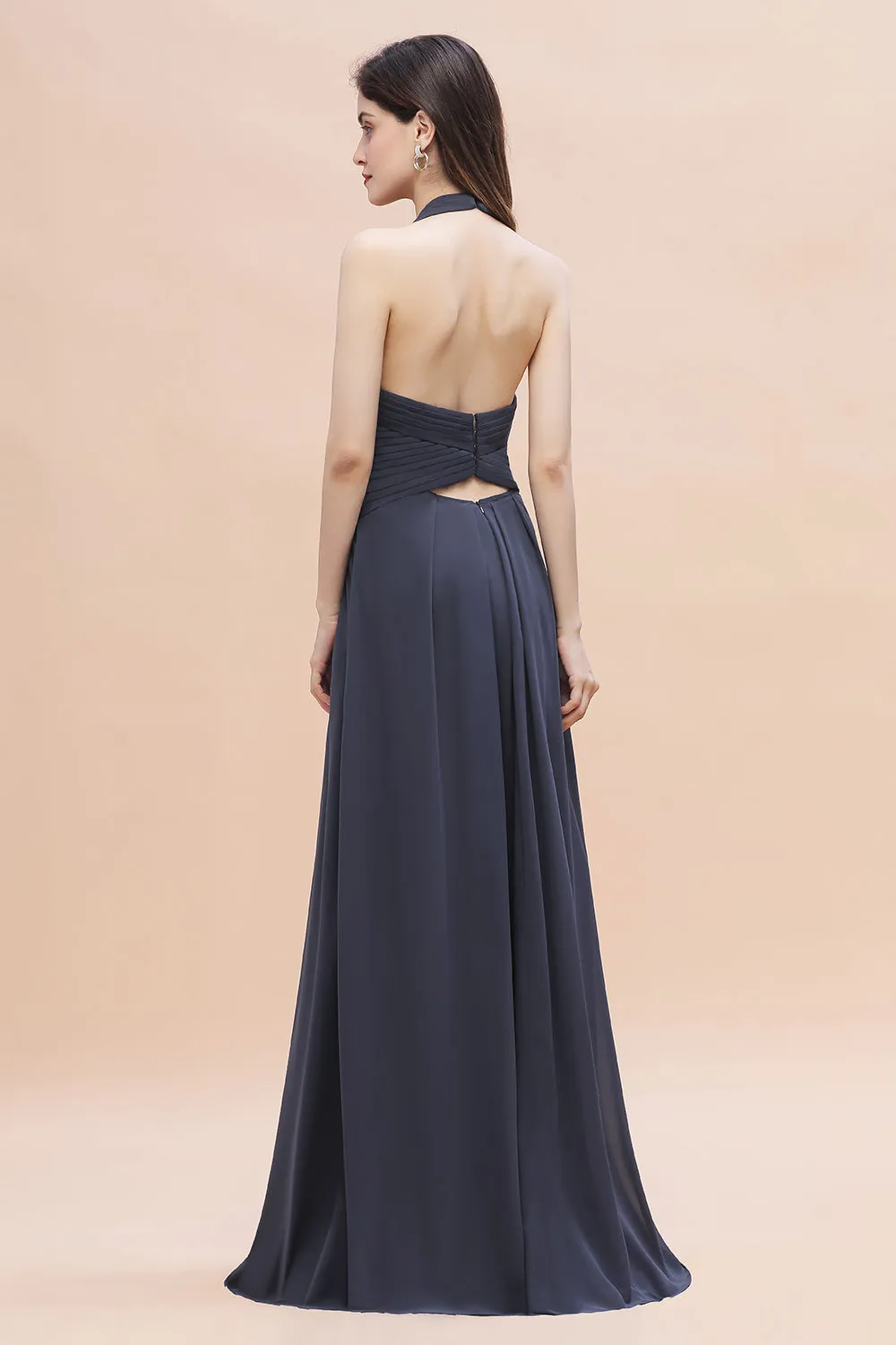 A-Line Halter V-neck Backless Chiffon Long Bridesmaid Dress with Slit