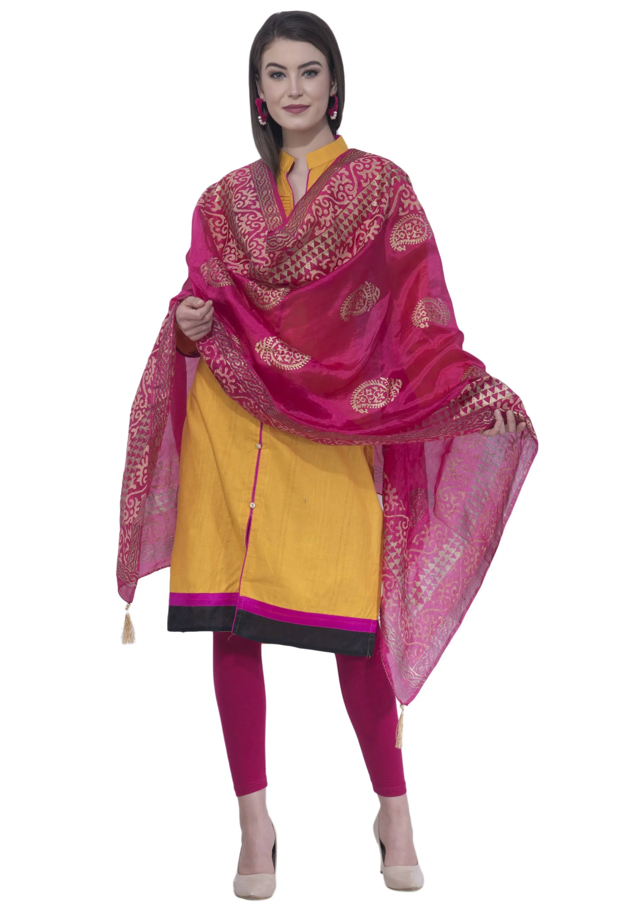 A R SILK Rani Color Silk Pahadi Print Dupattas and Chunnis