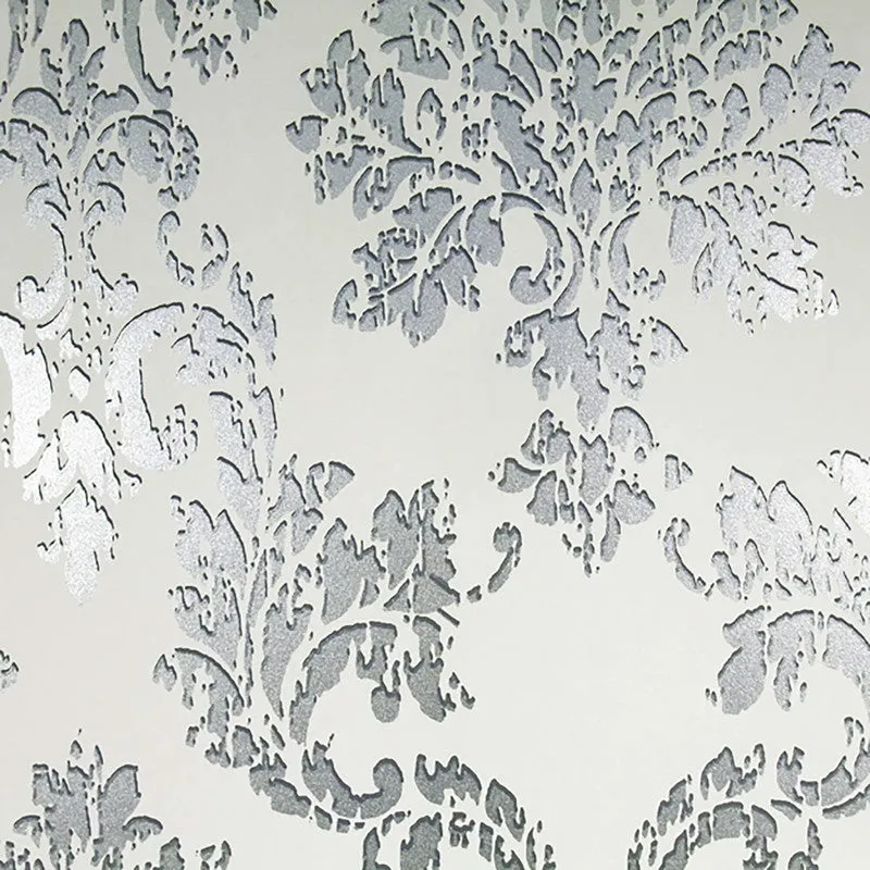 Abstract Damask Exotic Wallpaper in Silver/Ivory