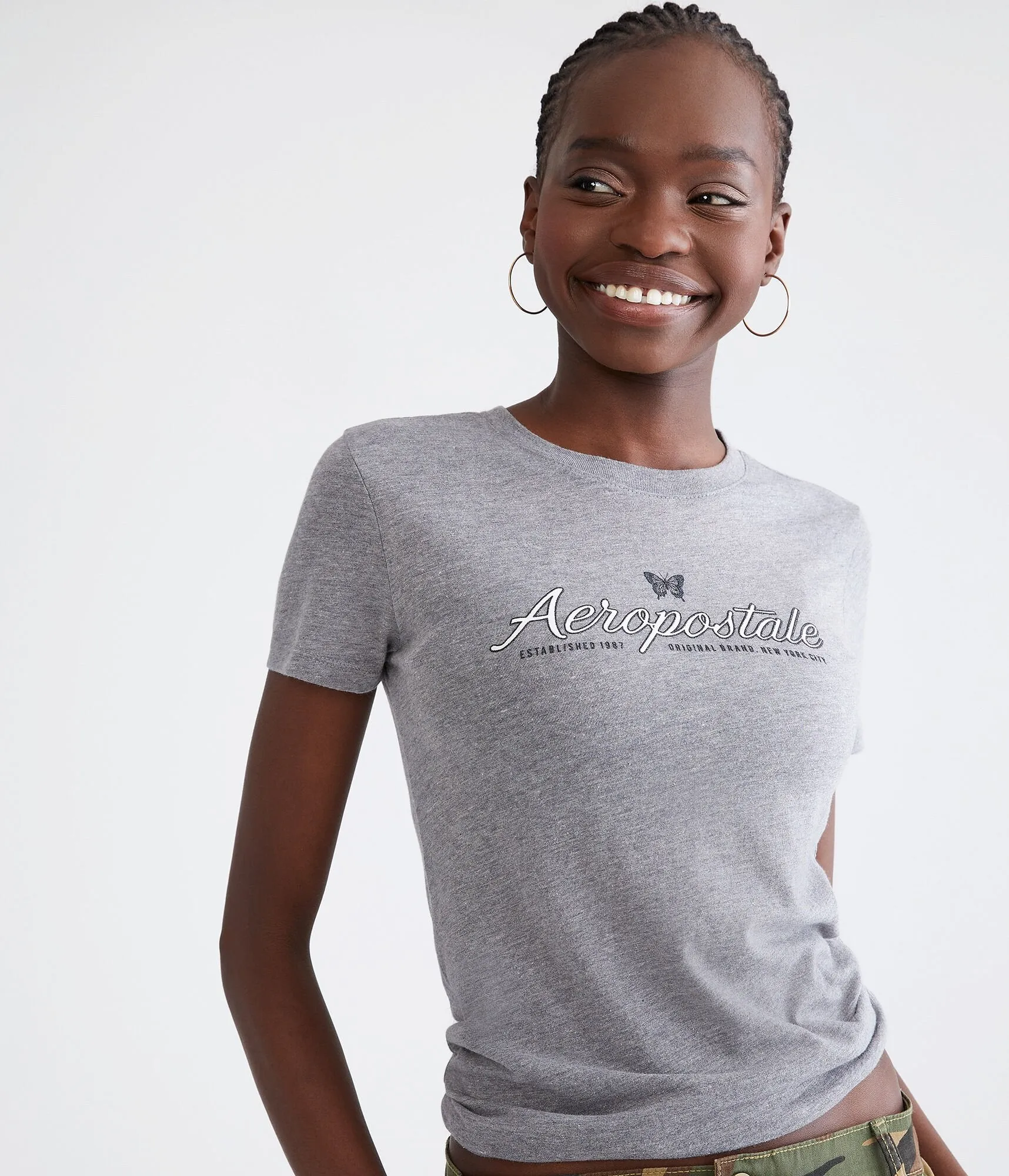 Aeropostale Womens' Aeropostale Script Butterfly Glitter Graphic Tee - Grey - Size XS - Cotton - Teen Fashion & Clothing Med Hthr Grey