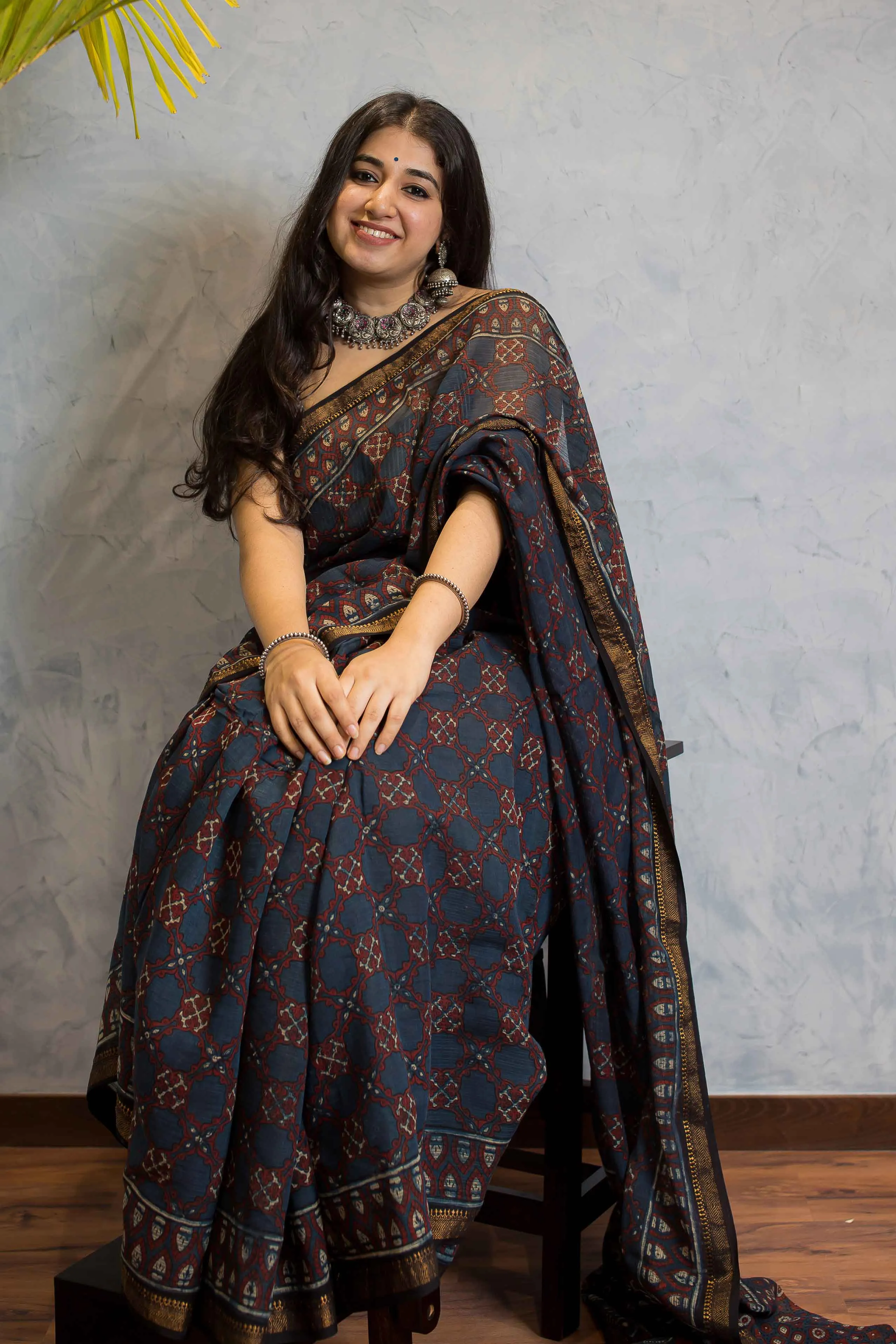 Ajrakh Maheshwari Silk Natural Dyed Saree