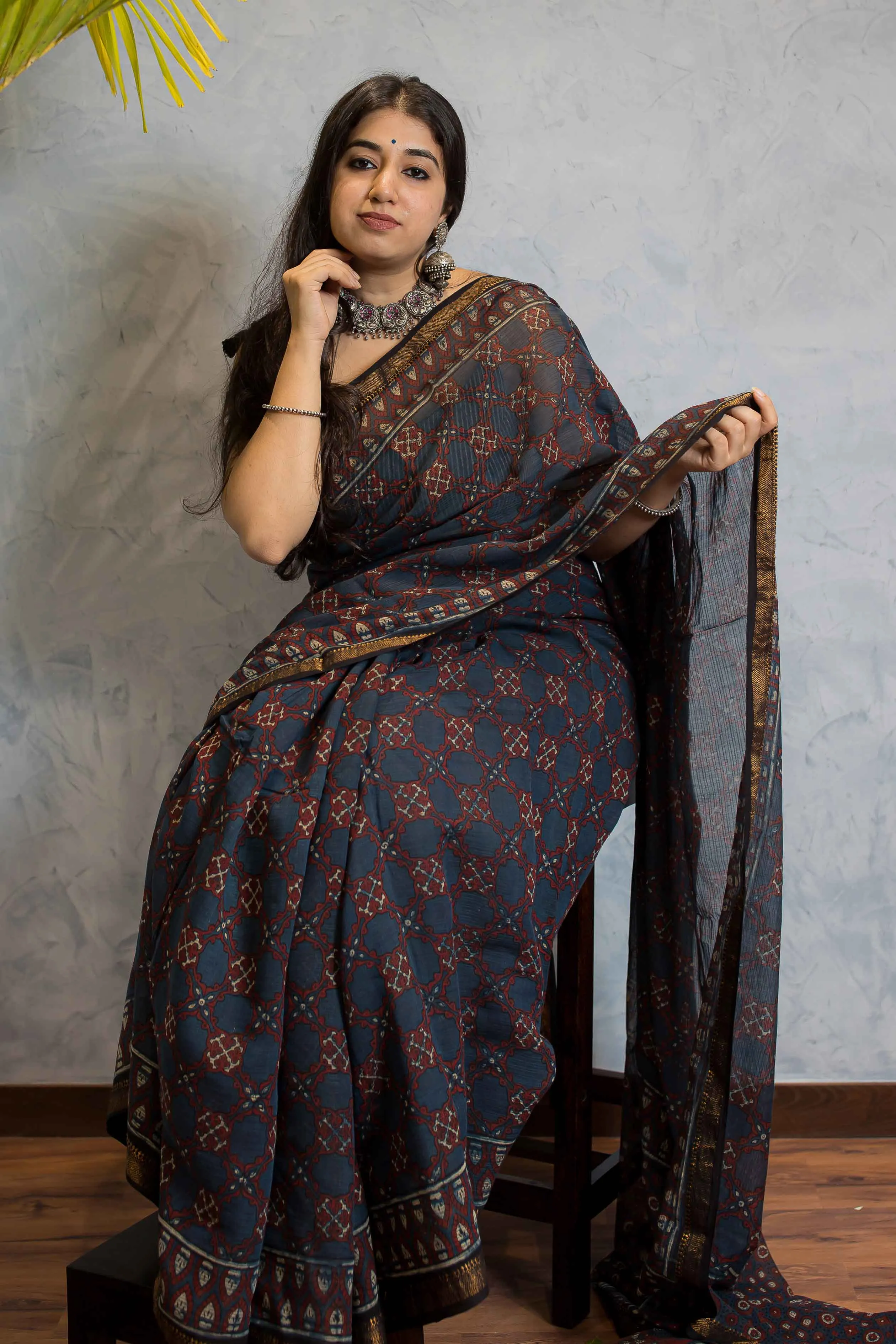 Ajrakh Maheshwari Silk Natural Dyed Saree