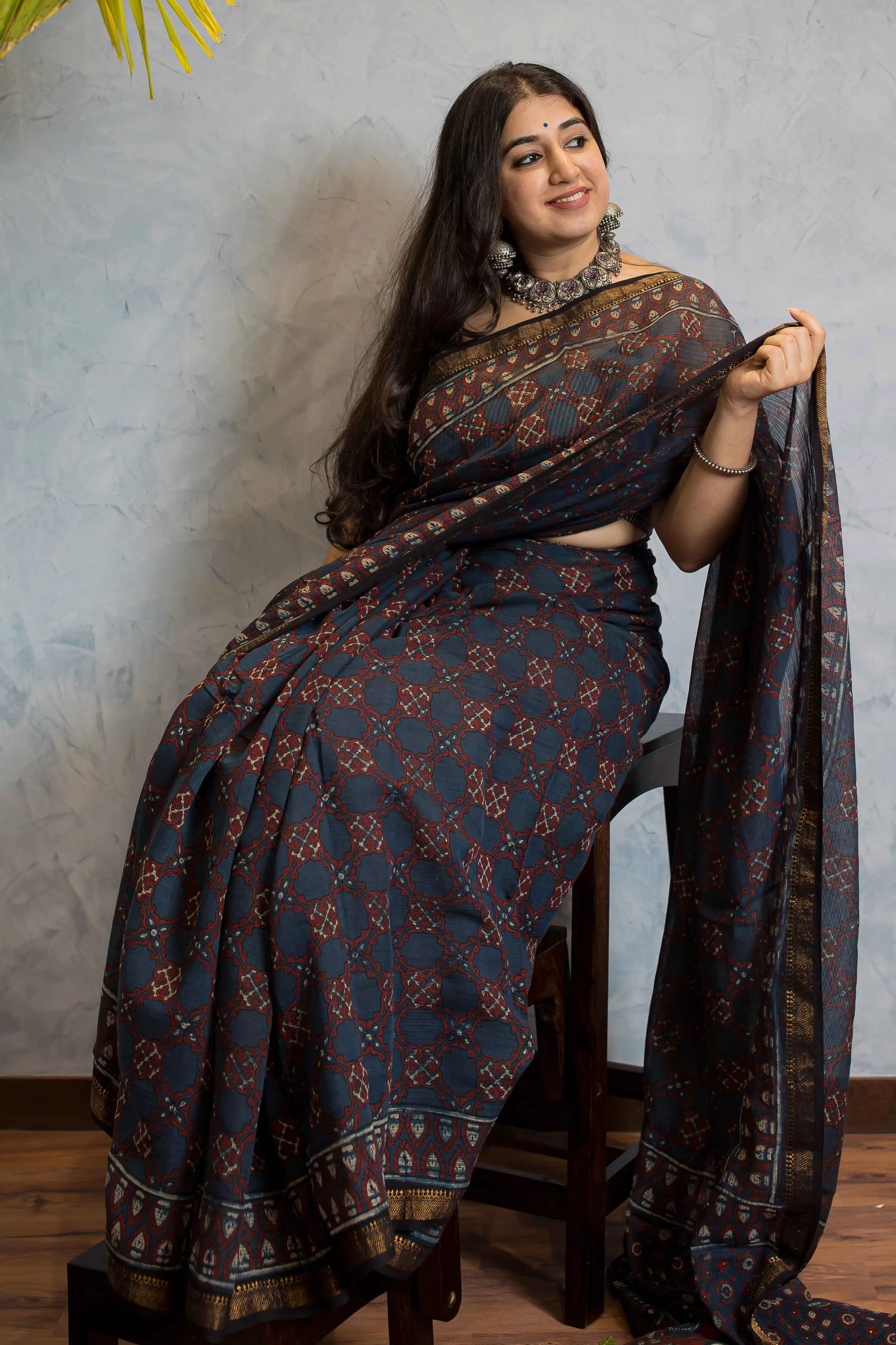 Ajrakh Maheshwari Silk Natural Dyed Saree