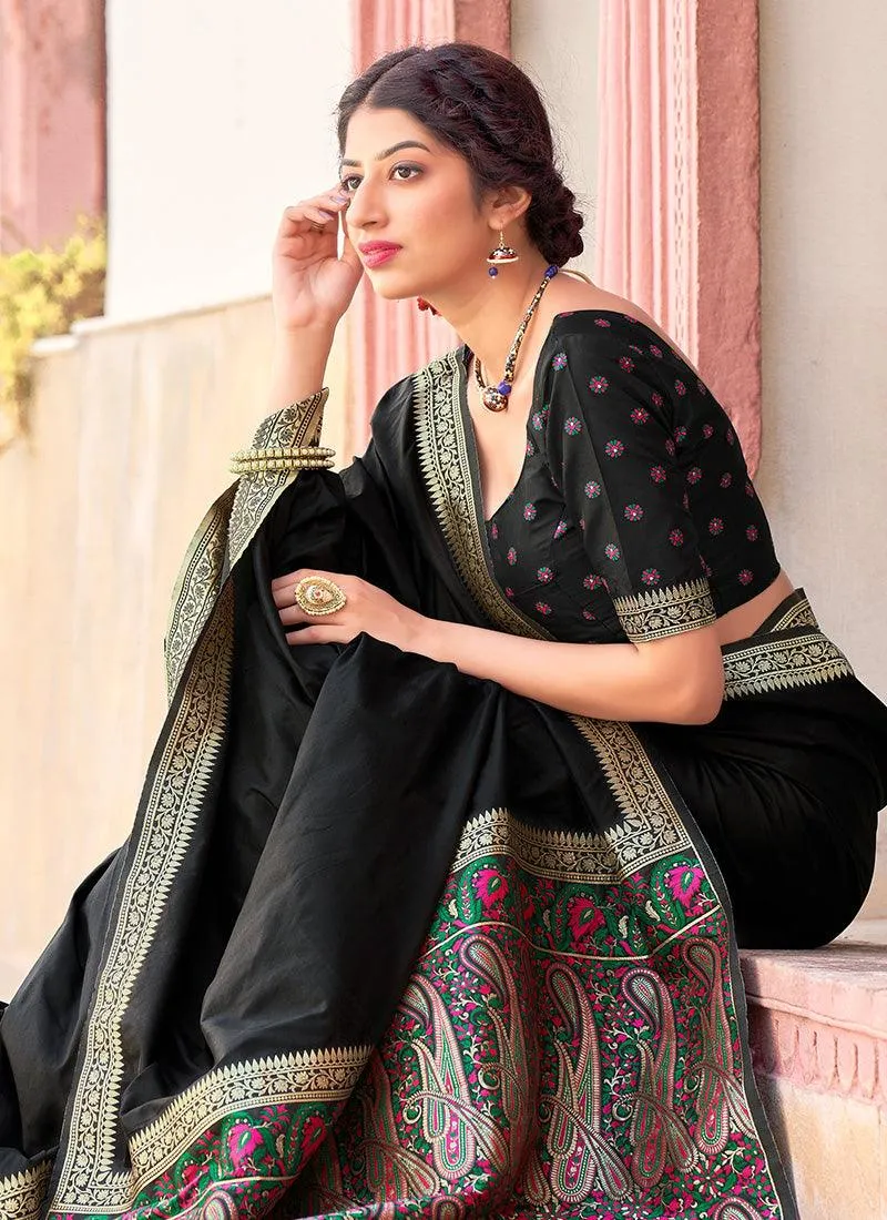 Amazing Black Color Banarasi Silk Fabric Silk Weave Embroidered Saree