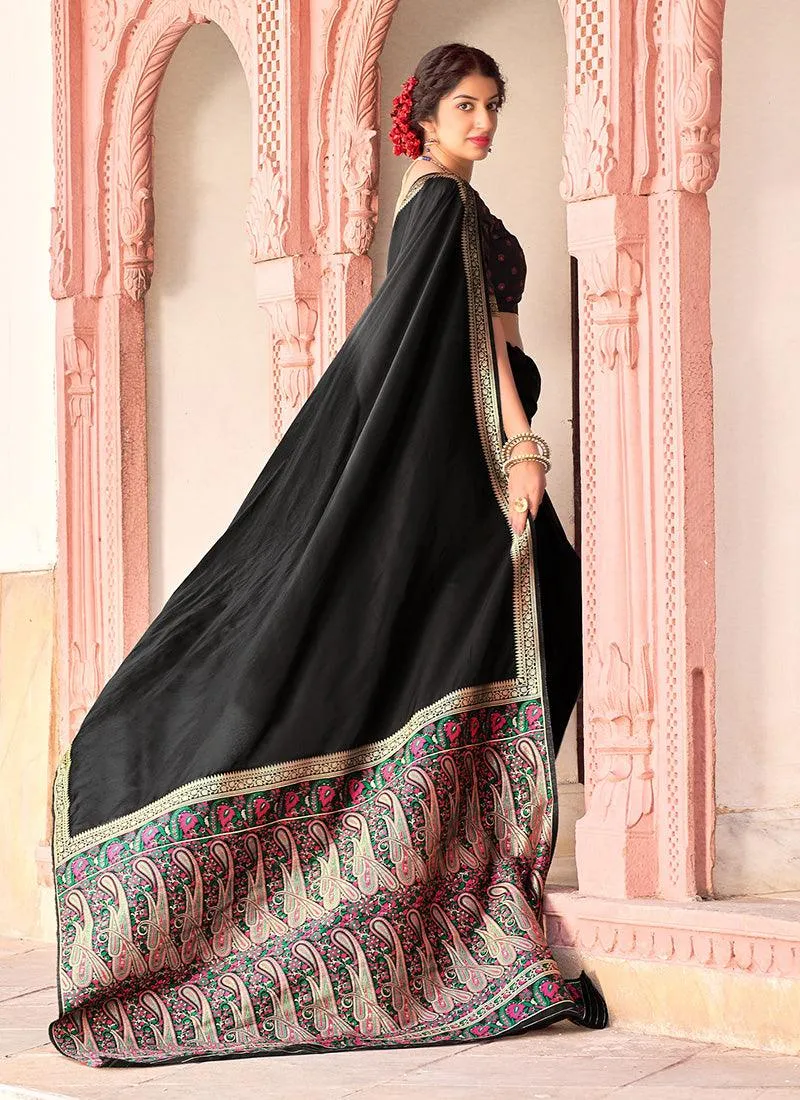 Amazing Black Color Banarasi Silk Fabric Silk Weave Embroidered Saree