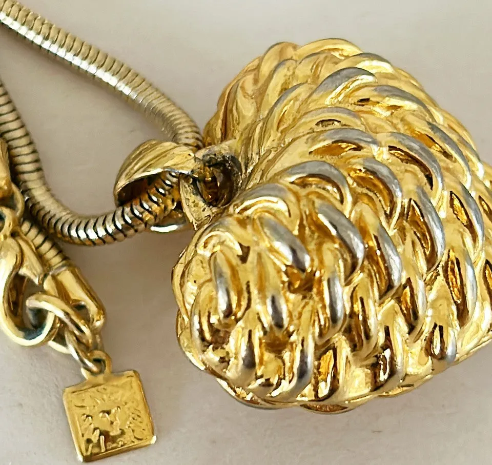 Anne Klein signed 80s gold tone necklace with large strawberry style shaped heart pendant.