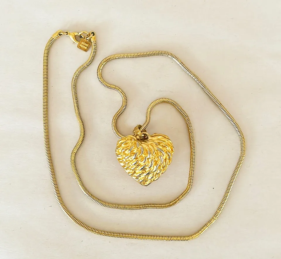 Anne Klein signed 80s gold tone necklace with large strawberry style shaped heart pendant.