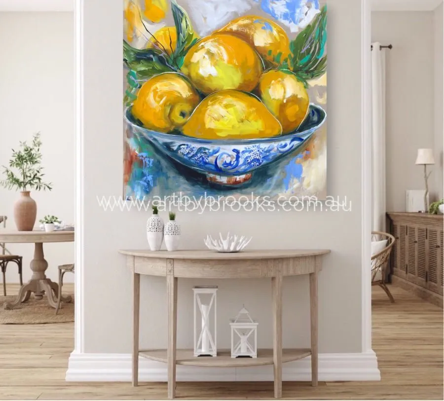 Antique lemon bowl  - Original on Belgian linen 90x90cm