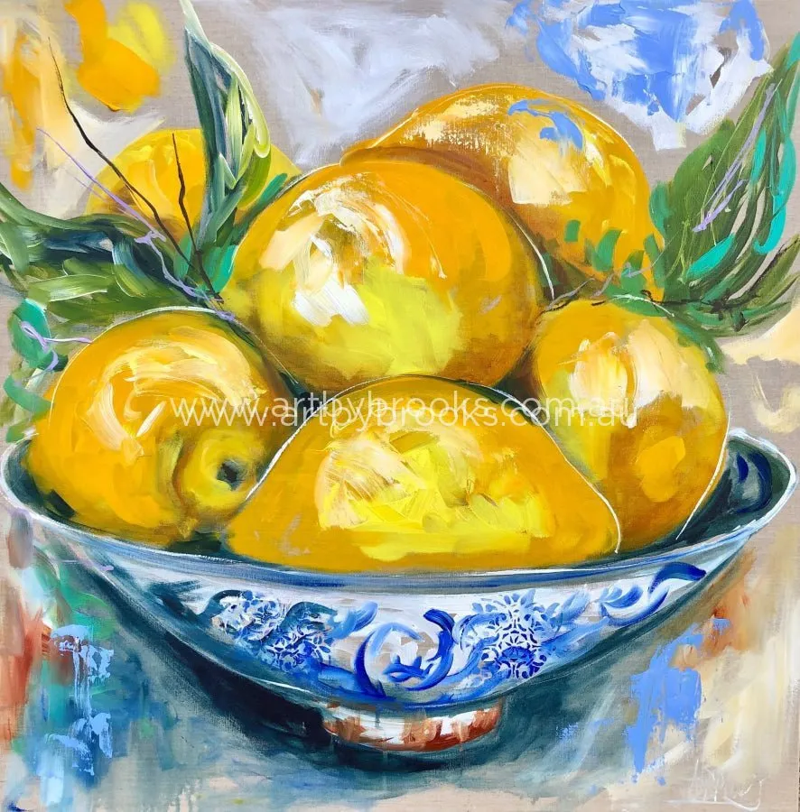 Antique lemon bowl  - Original on Belgian linen 90x90cm