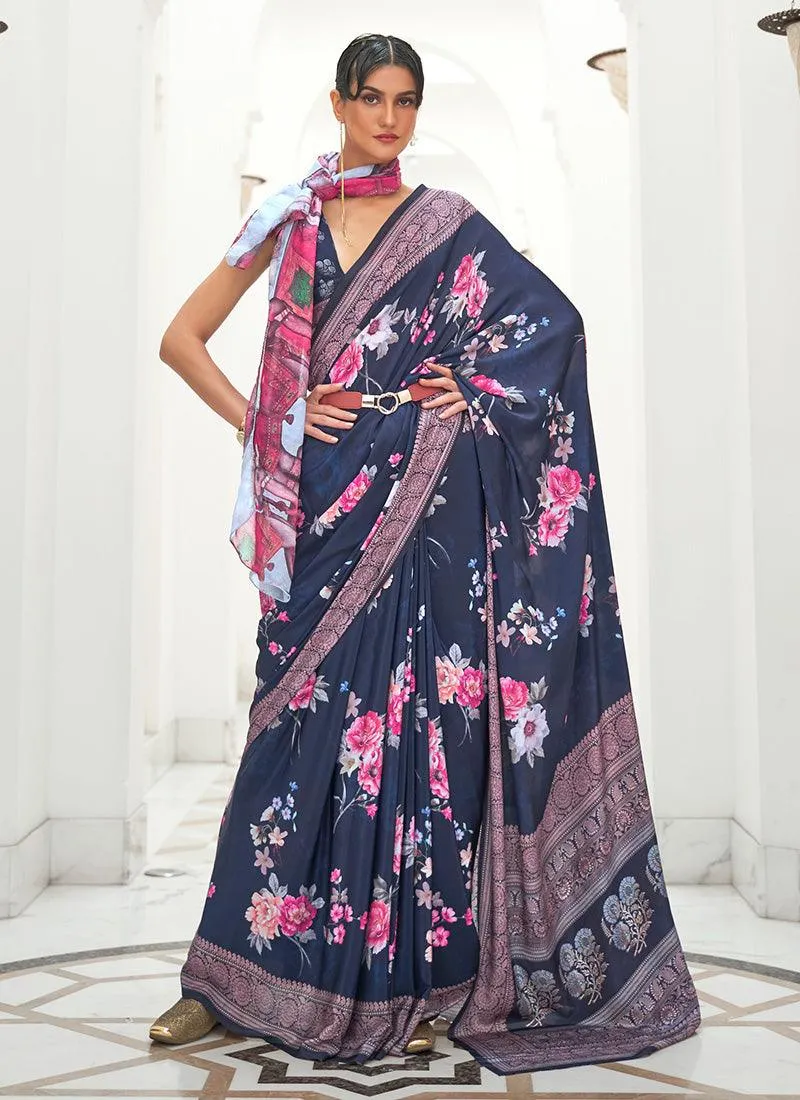 Astonishing Navy Blue Color Silk Fabric Floral Printed Saree