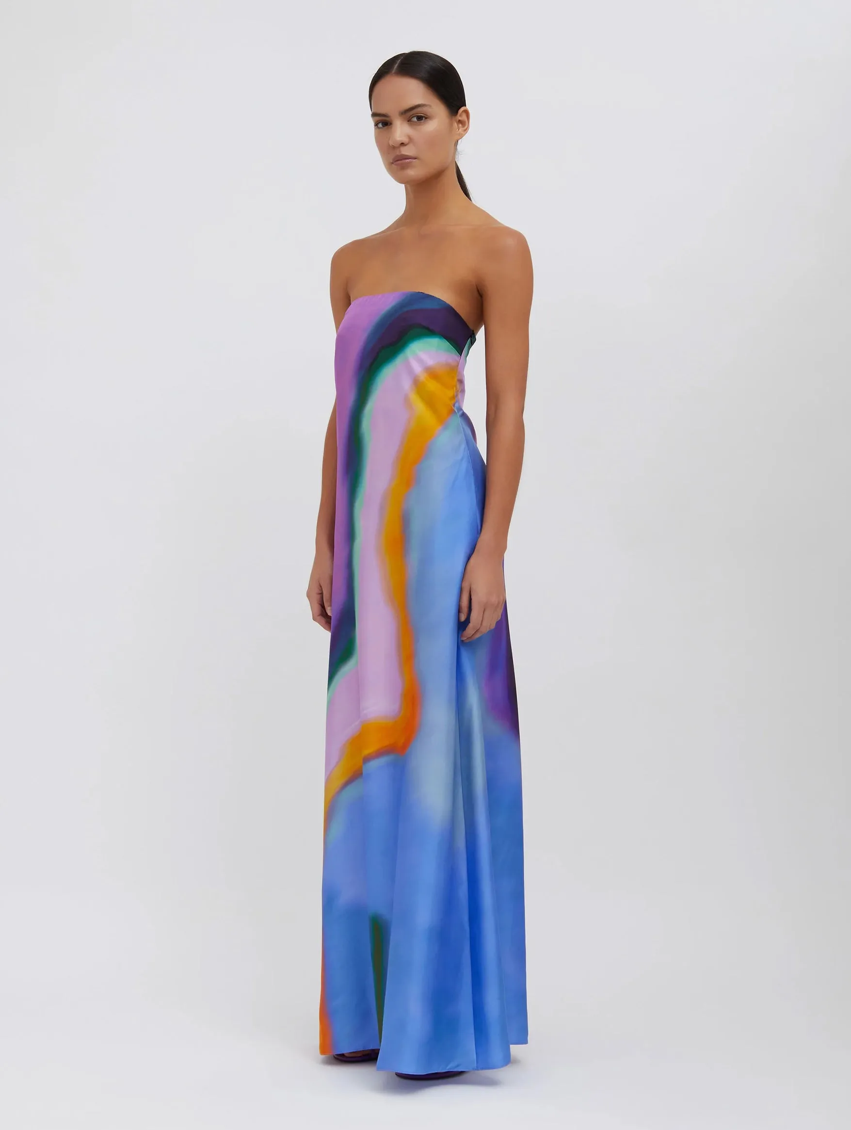 Aura Silk Strapless Dress in Aura Print