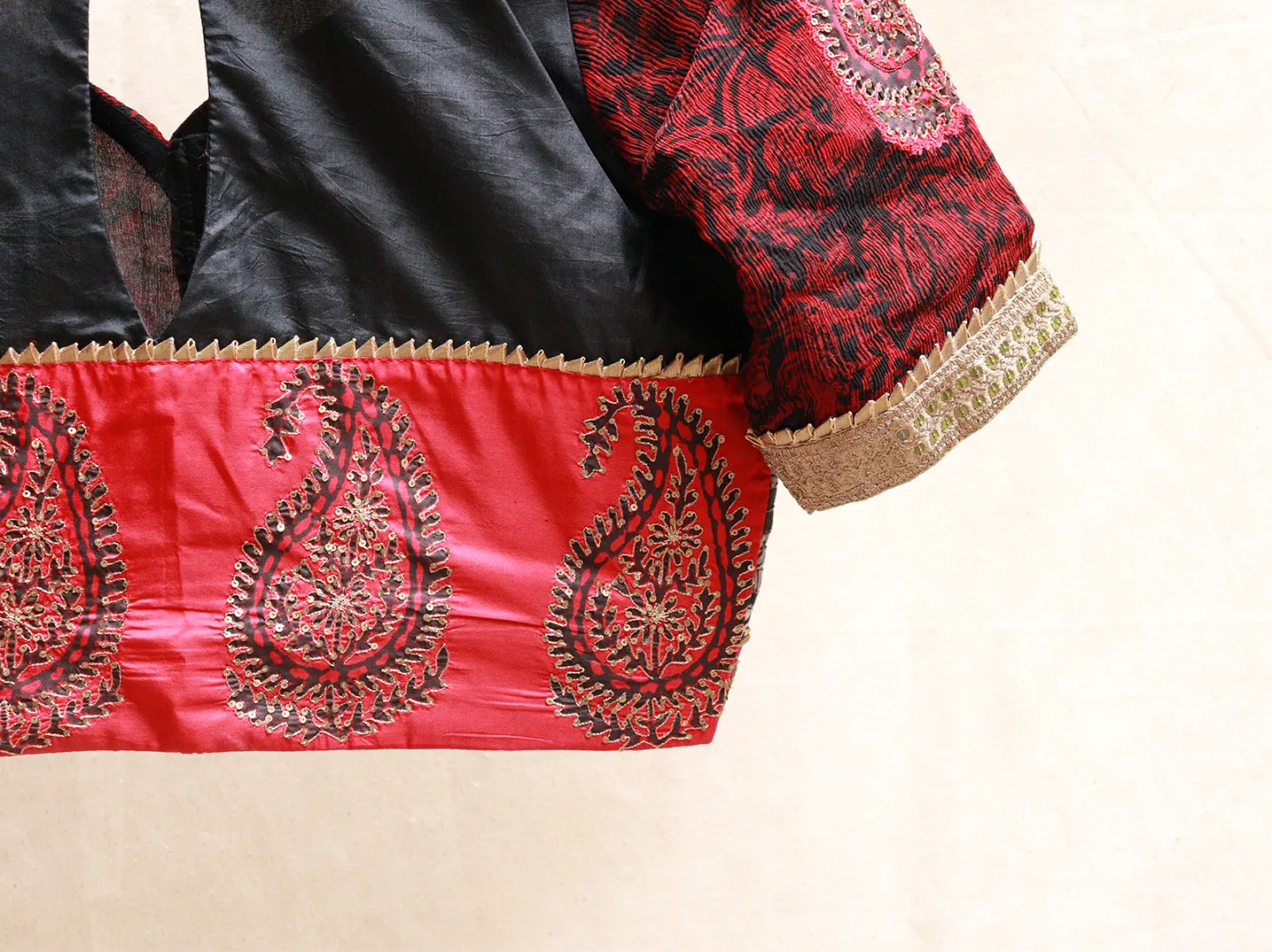 Barn red and black, chiffon and silk, Hand embroidery blouse