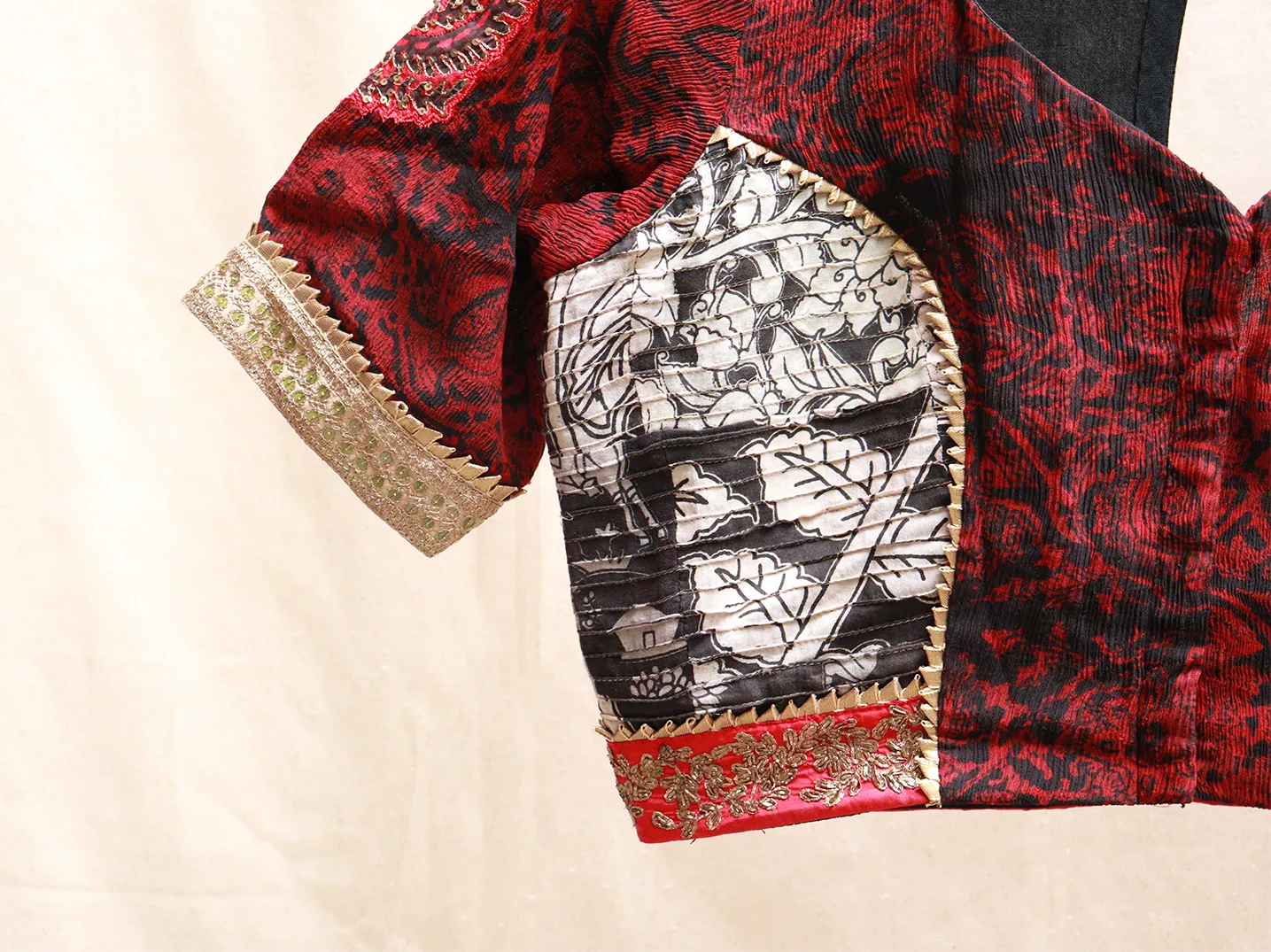 Barn red and black, chiffon and silk, Hand embroidery blouse