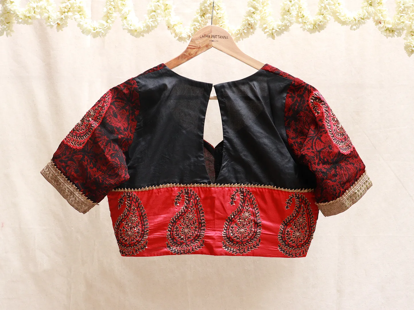 Barn red and black, chiffon and silk, Hand embroidery blouse