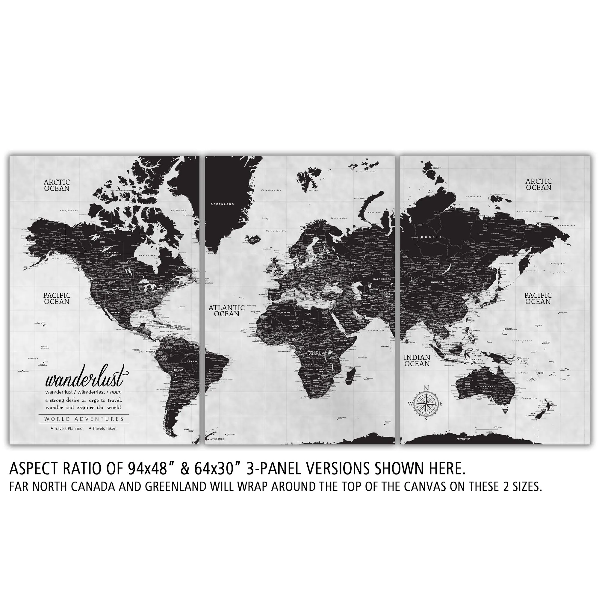 Black & White Three Panel Push Pin Map