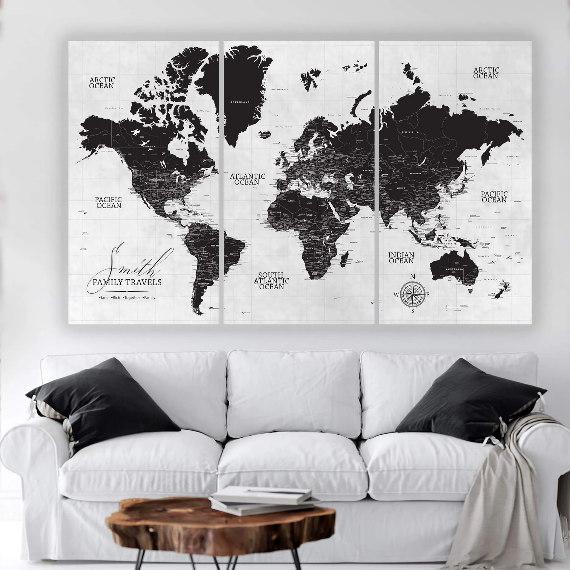 Black & White Three Panel Push Pin Map