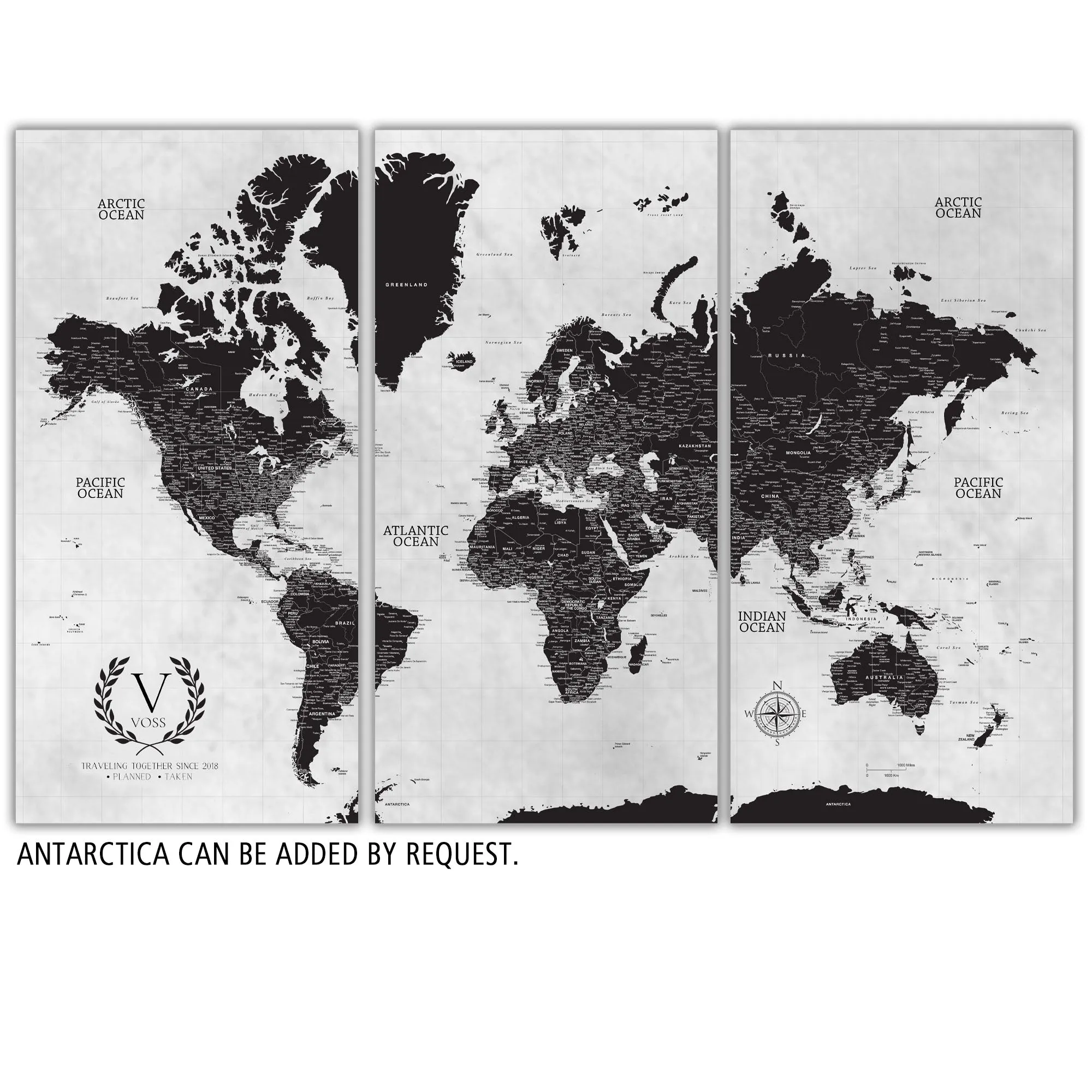 Black & White Three Panel Push Pin Map