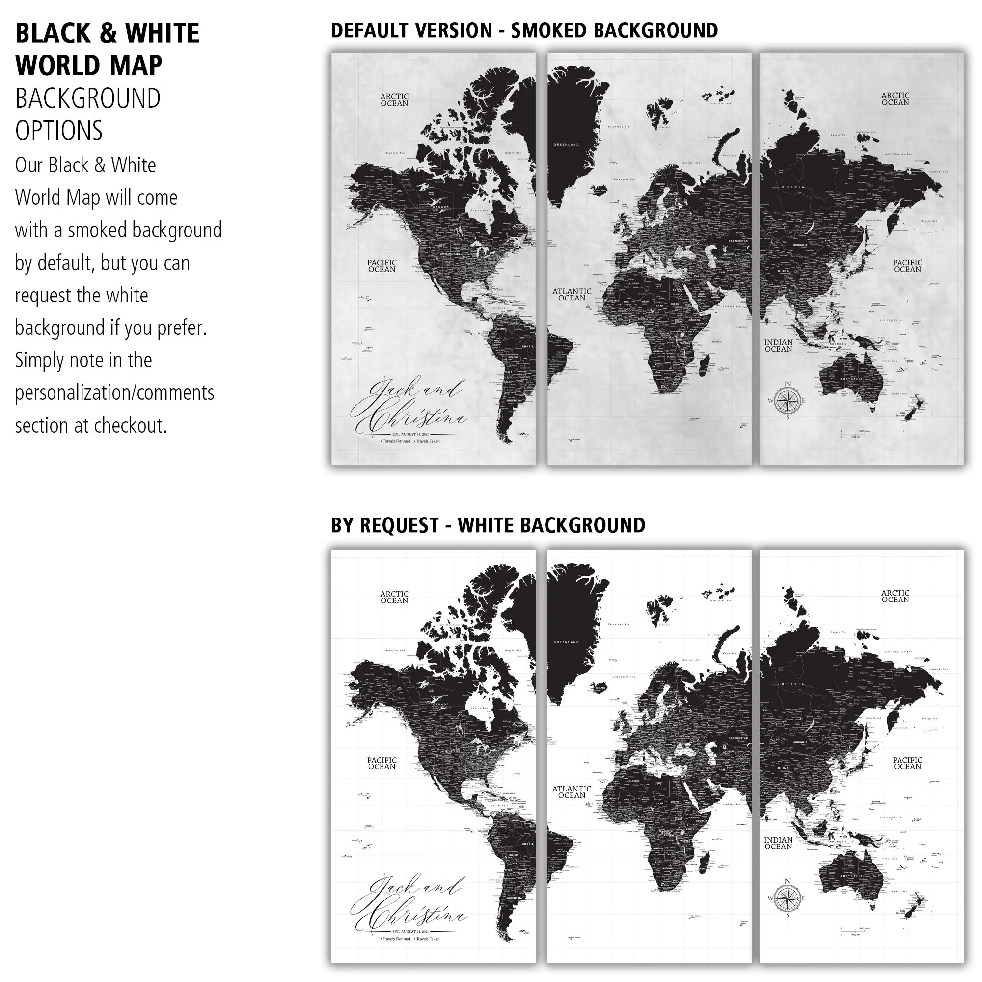 Black & White Three Panel Push Pin Map