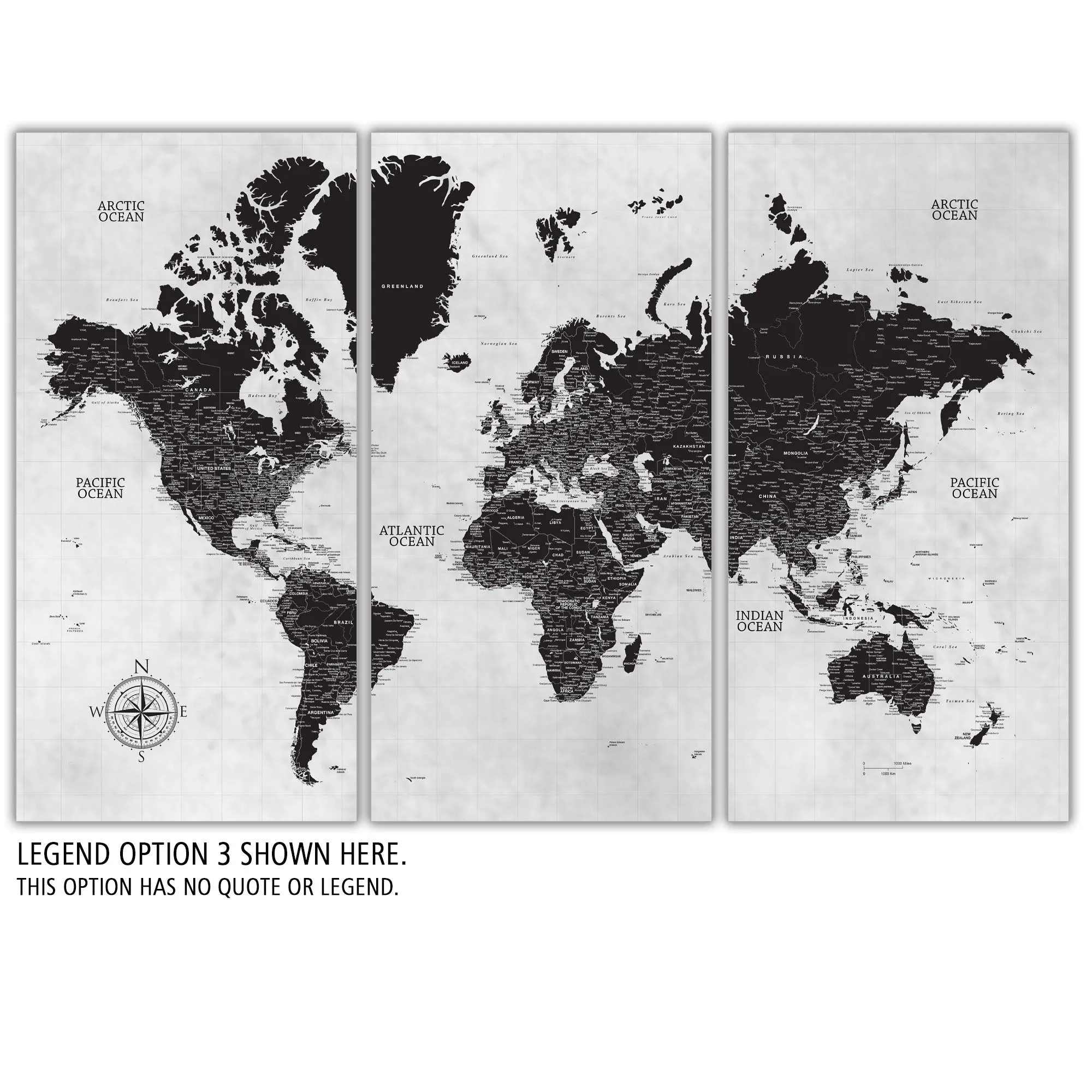 Black & White Three Panel Push Pin Map