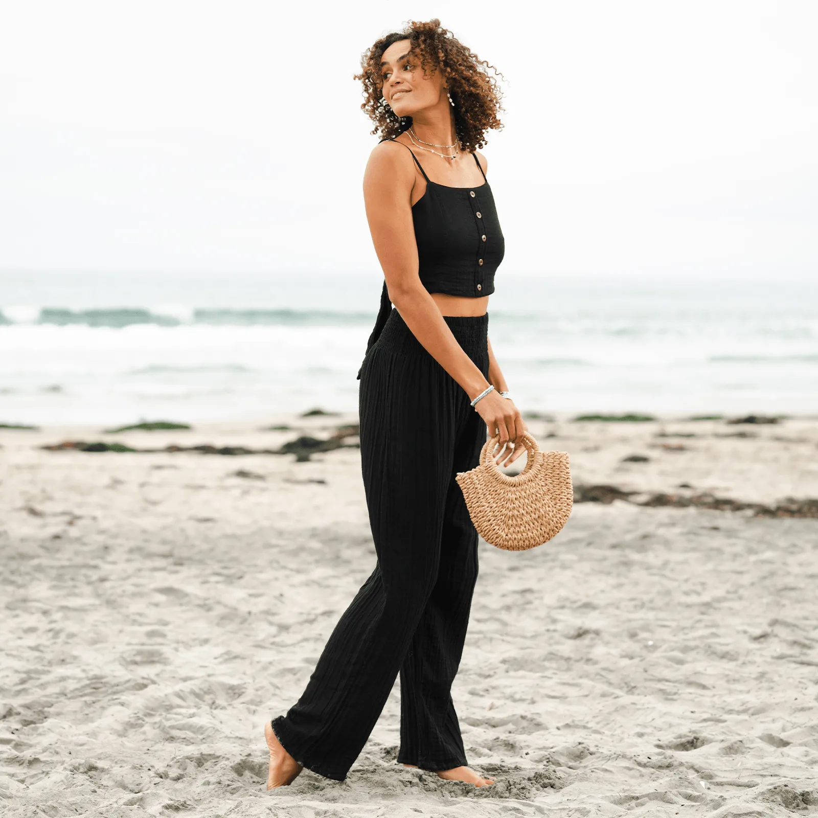 Black Cotton Crop Top & Wide Leg Pants Lounge Set