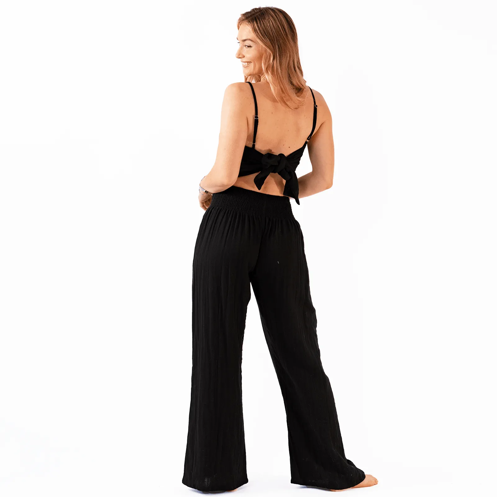 Black Cotton Crop Top & Wide Leg Pants Lounge Set