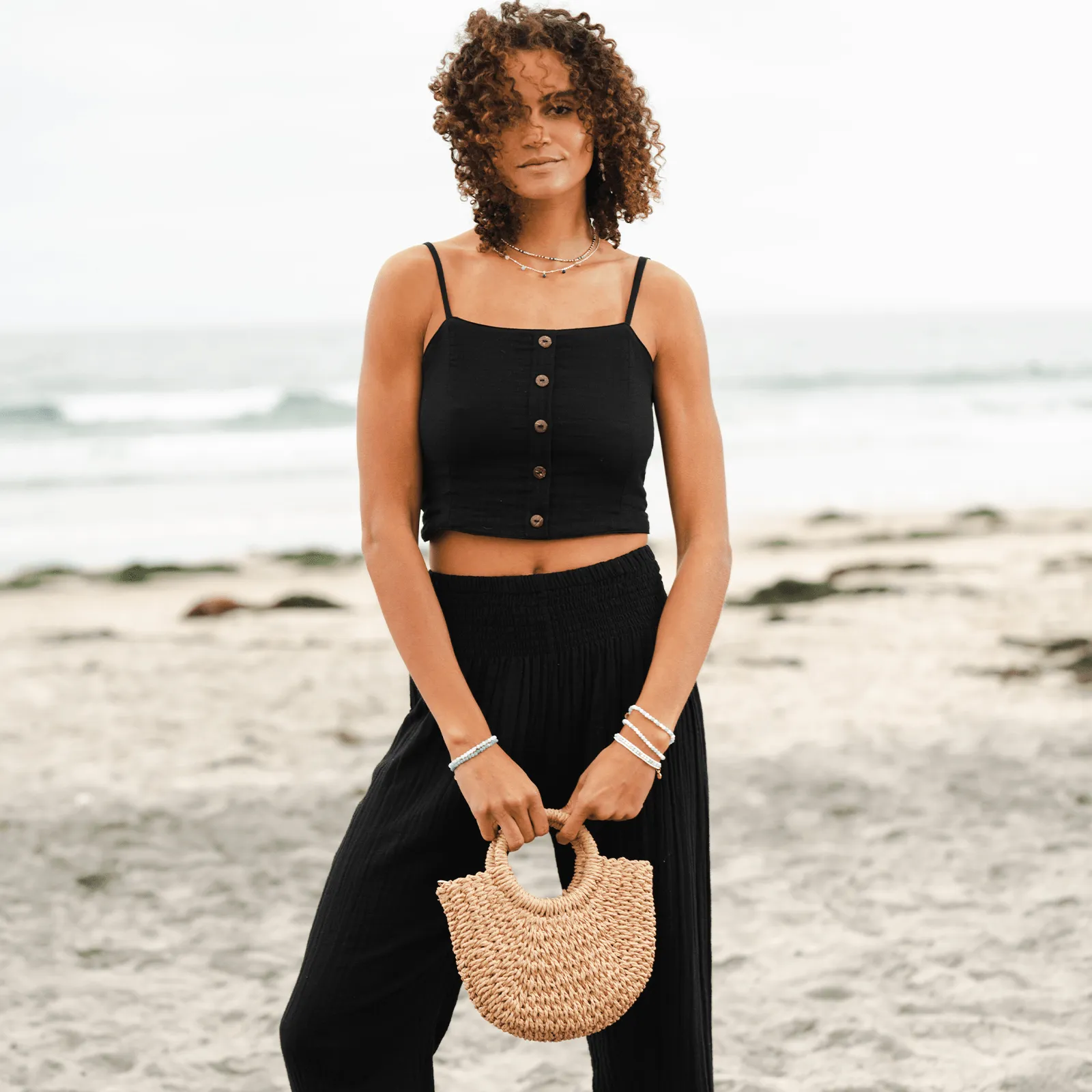 Black Cotton Crop Top & Wide Leg Pants Lounge Set