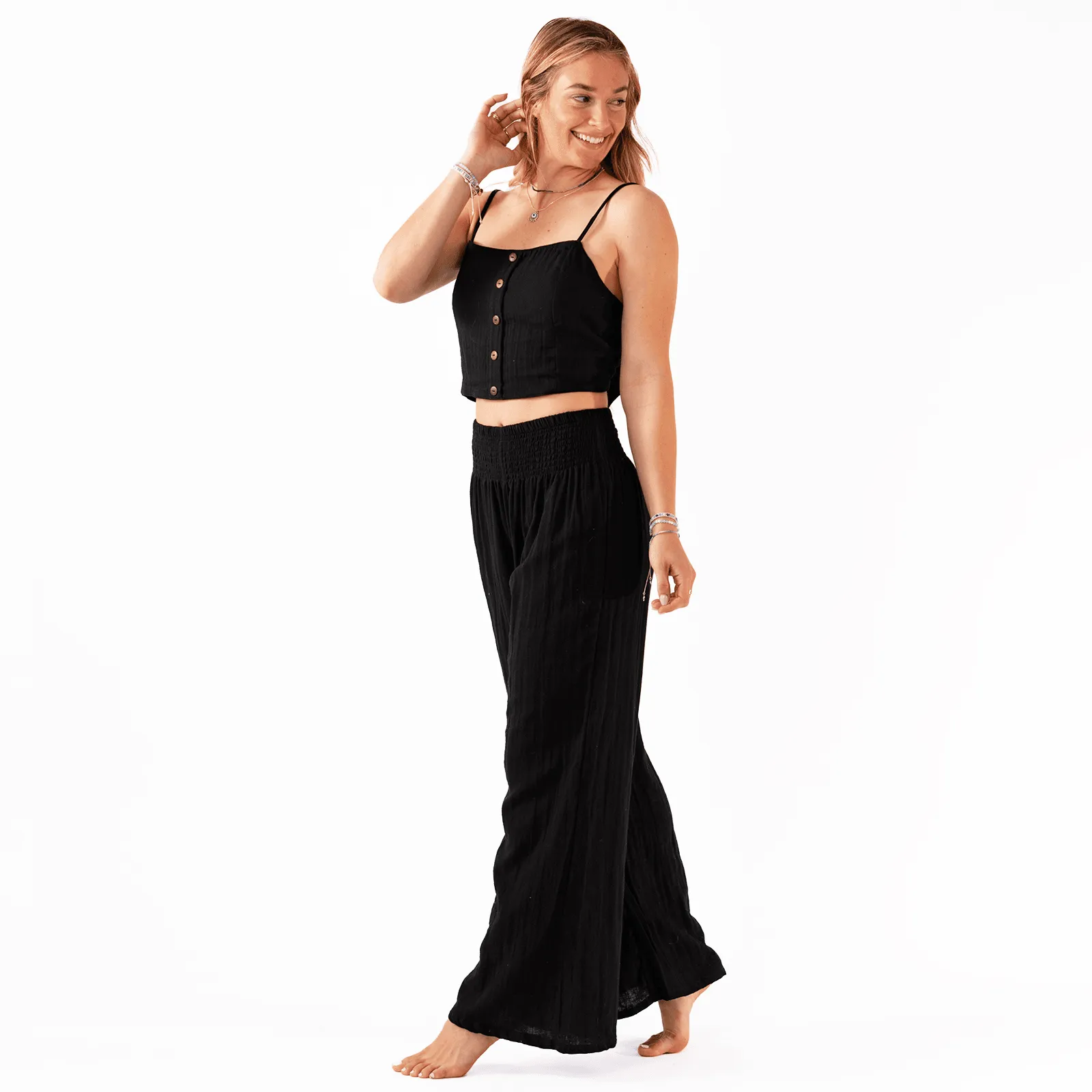 Black Cotton Crop Top & Wide Leg Pants Lounge Set