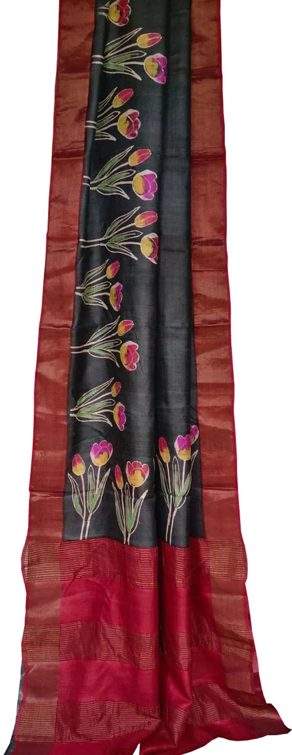 Black Hand Block Printed Tussar Silk Saree