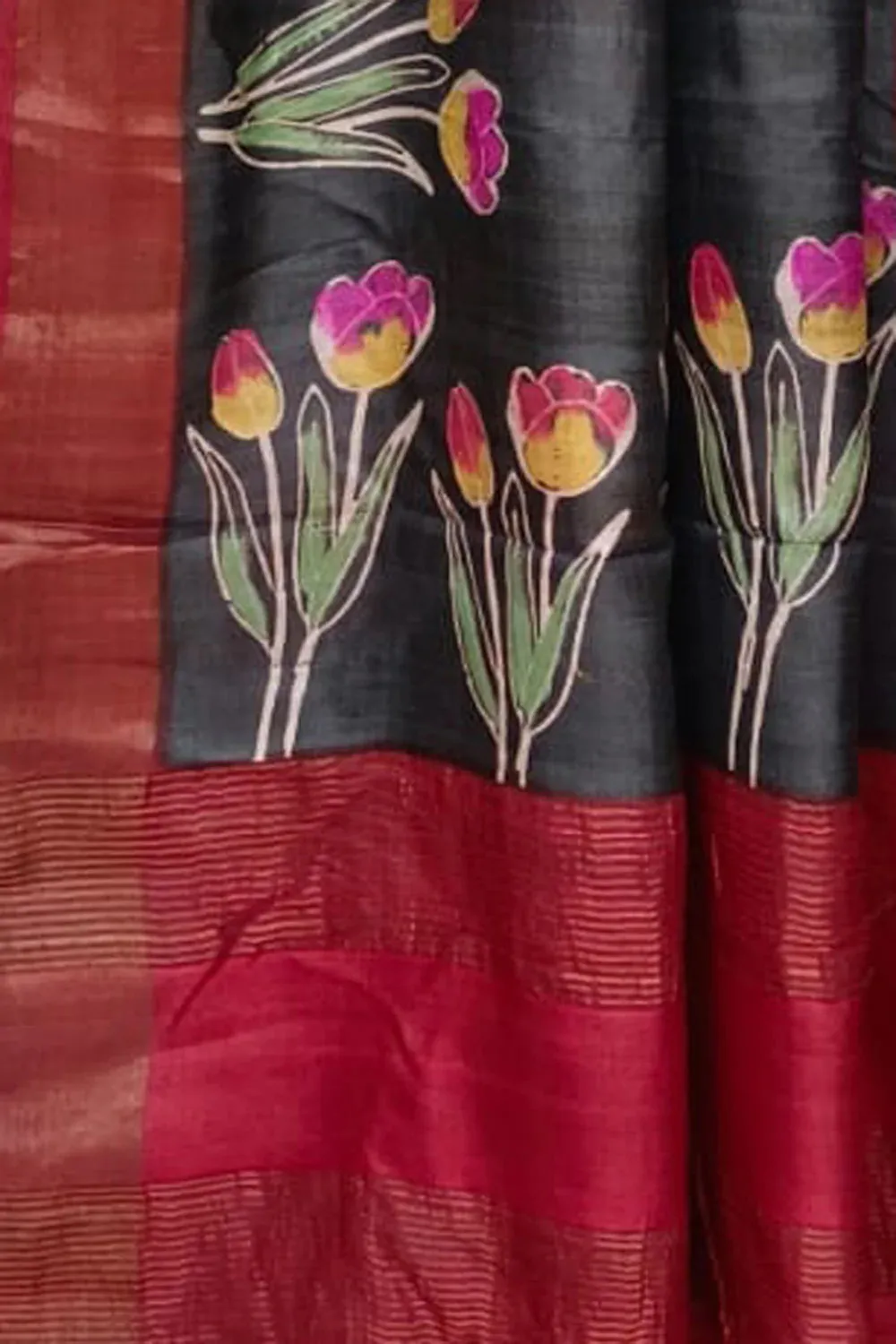 Black Hand Block Printed Tussar Silk Saree