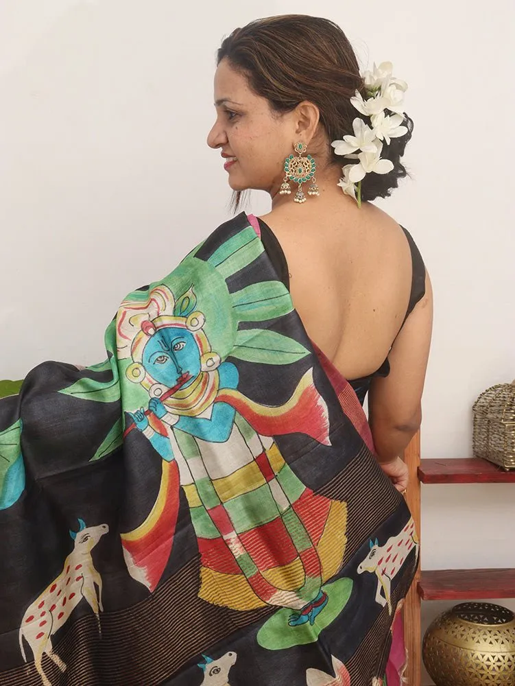 Black Hand Painted Tussar Silk Saree