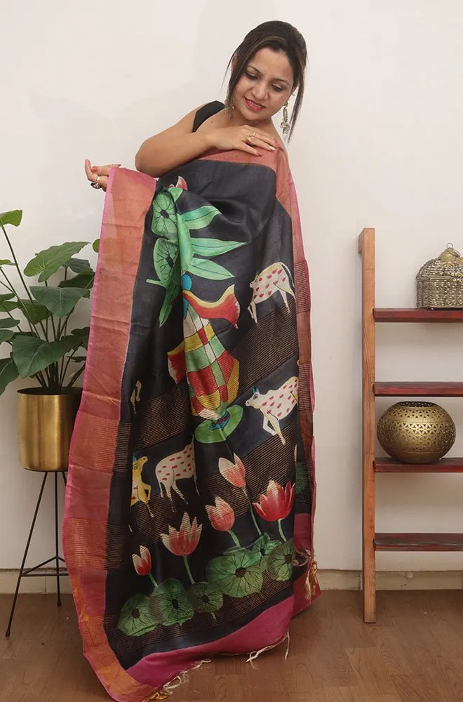 Black Hand Painted Tussar Silk Saree