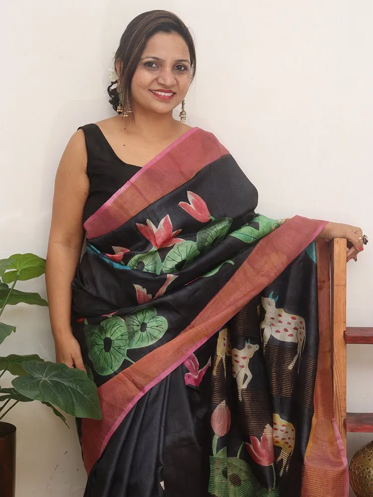 Black Hand Painted Tussar Silk Saree