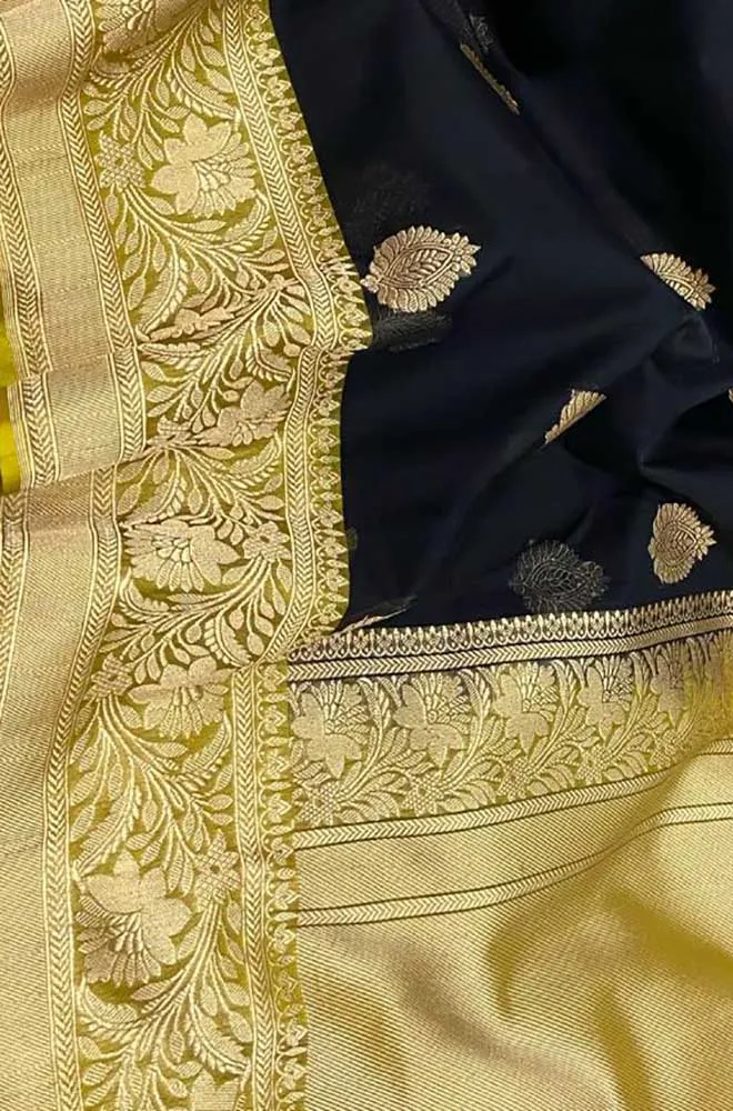 Black Handloom Banarasi Pure Kora Silk Saree