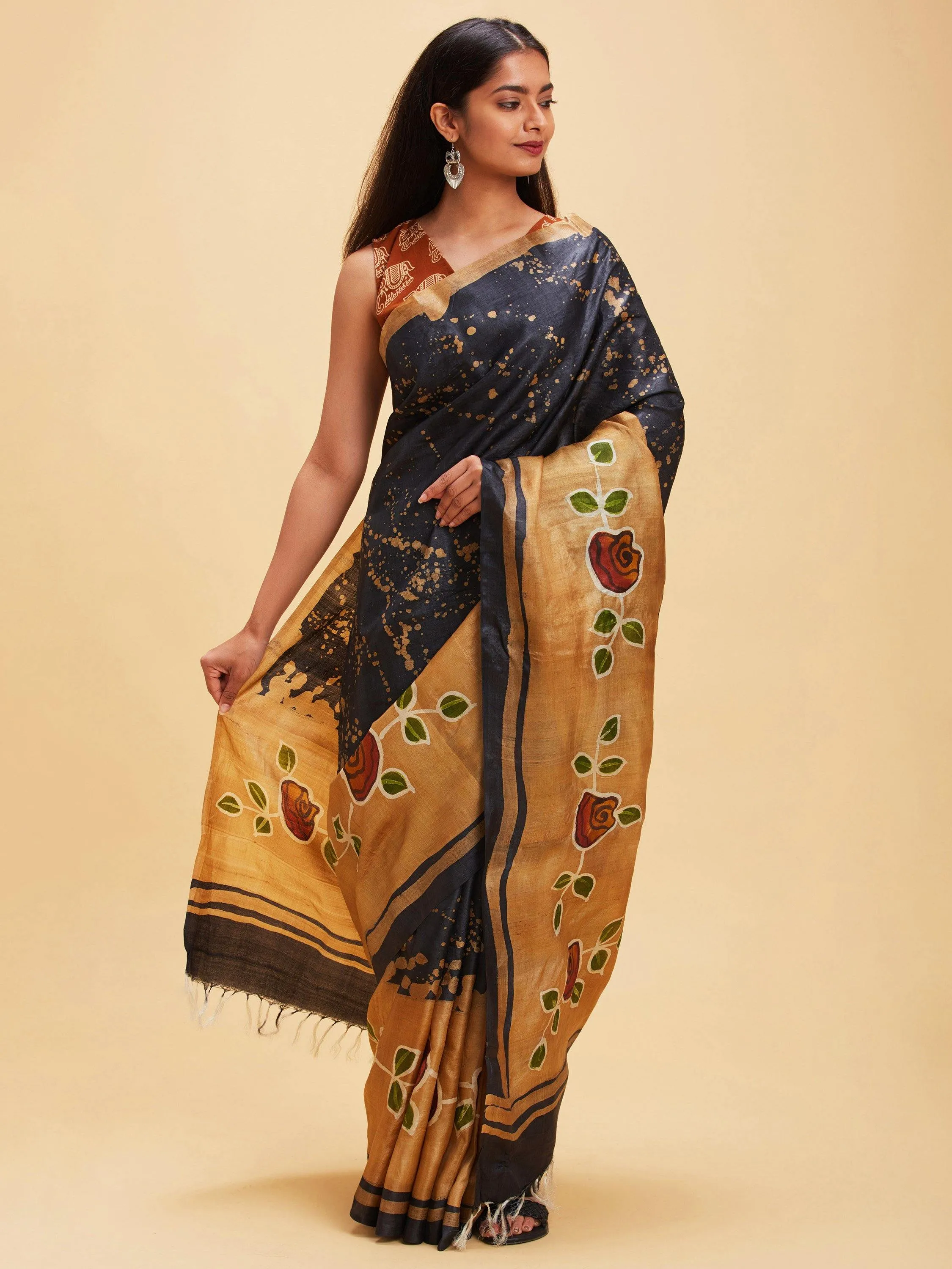 Black Tussar Silk Sari