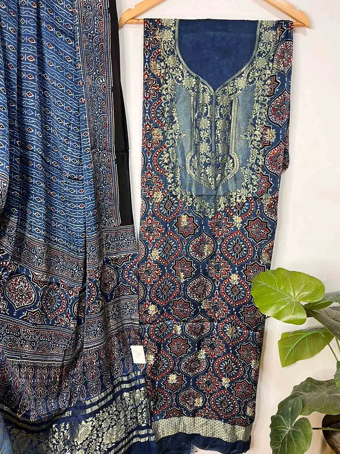 Blue Ajrakh Block Printed Pure Modal Silk Unstitched Two Piece Suit Set