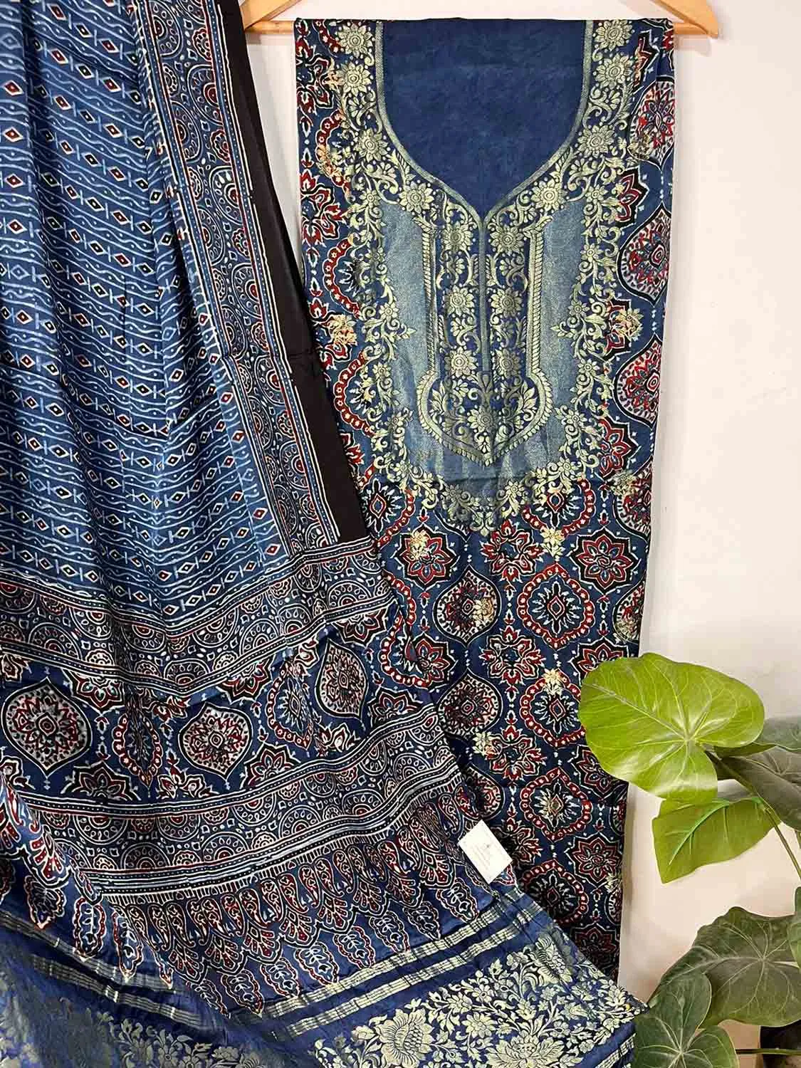 Blue Ajrakh Block Printed Pure Modal Silk Unstitched Two Piece Suit Set