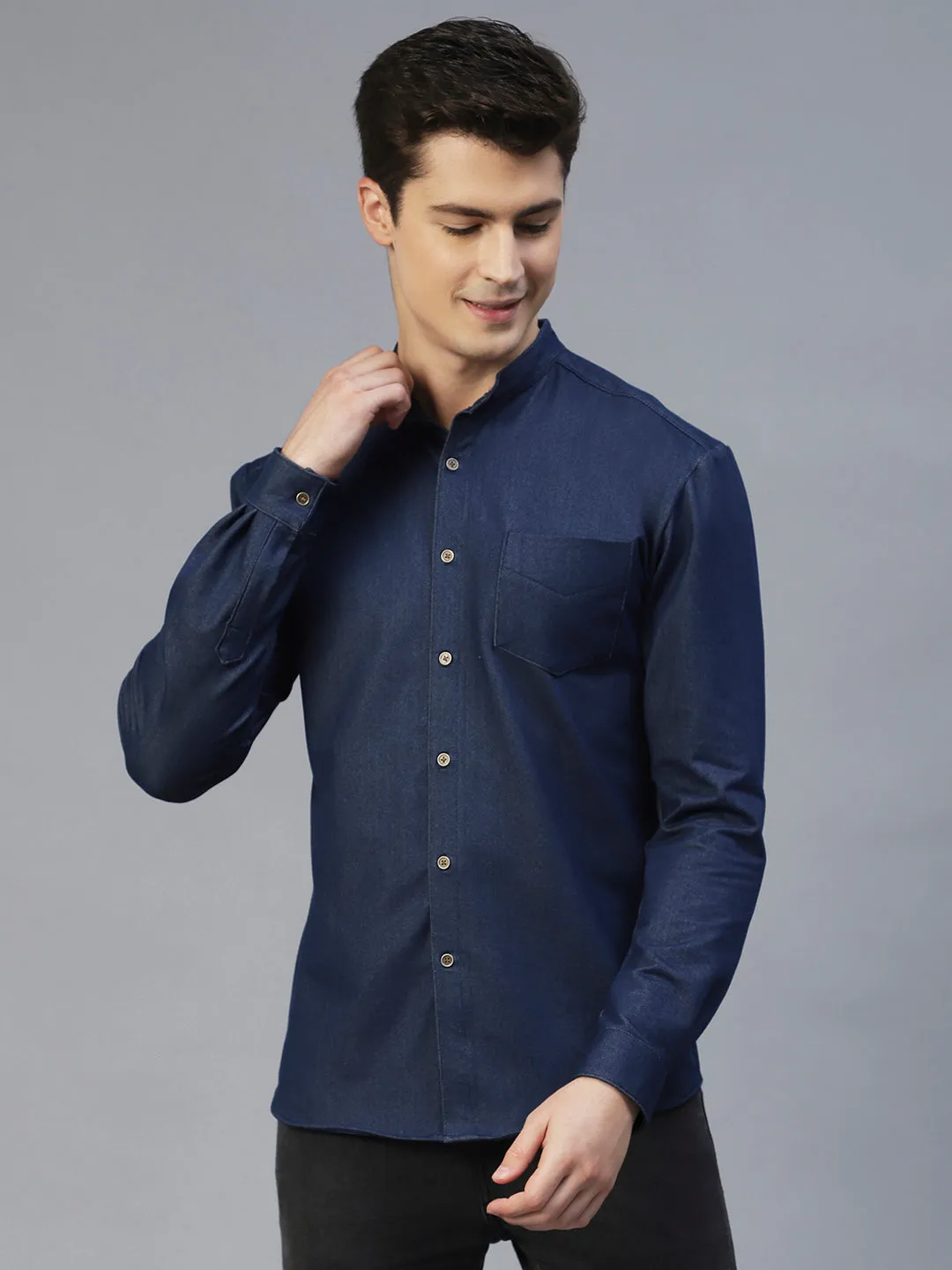 Blue Denim Banded Collar Full Sleeve Shirt