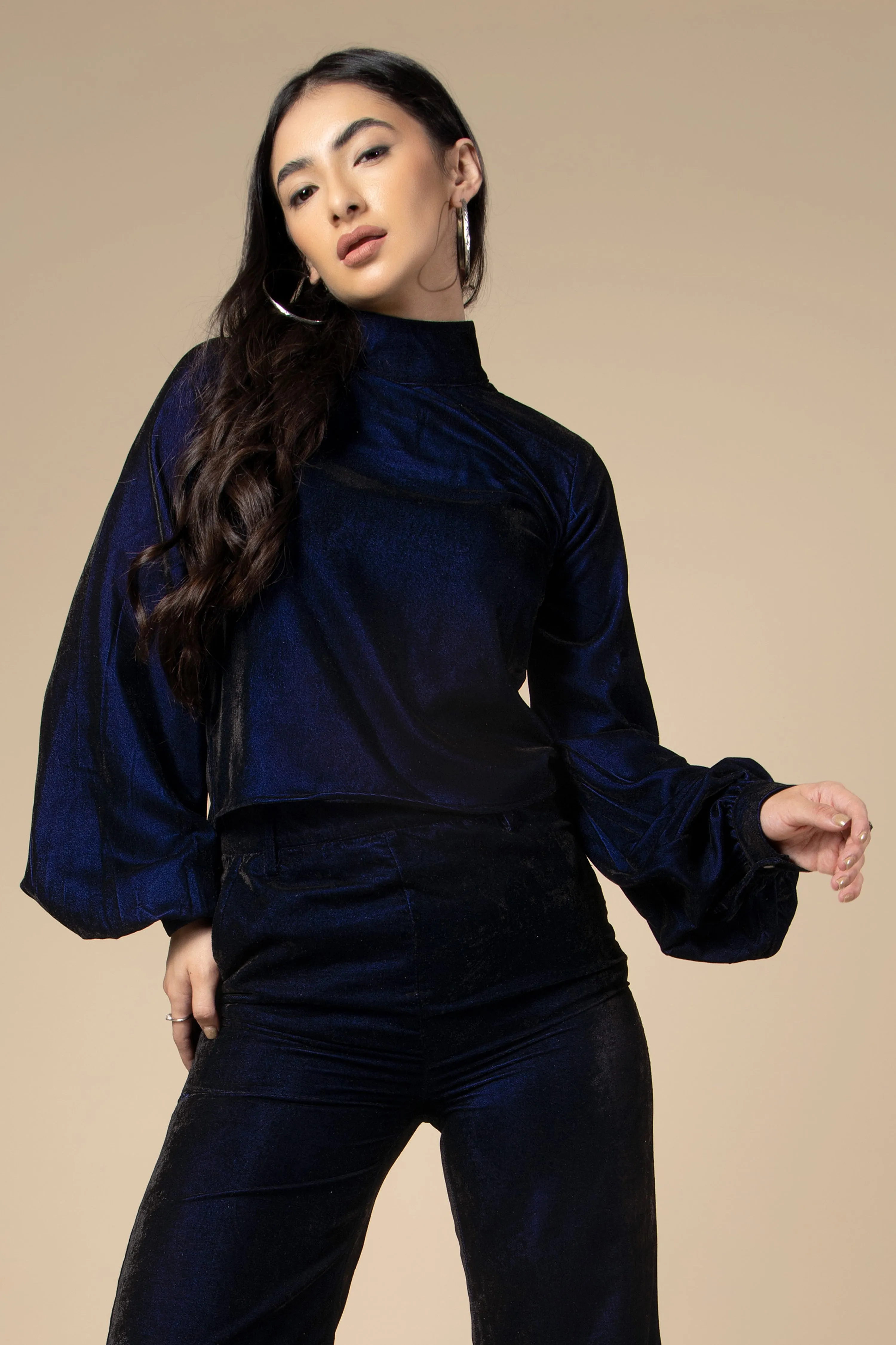 Blue High Neck Flounce Sleeve Velvet Top For Women