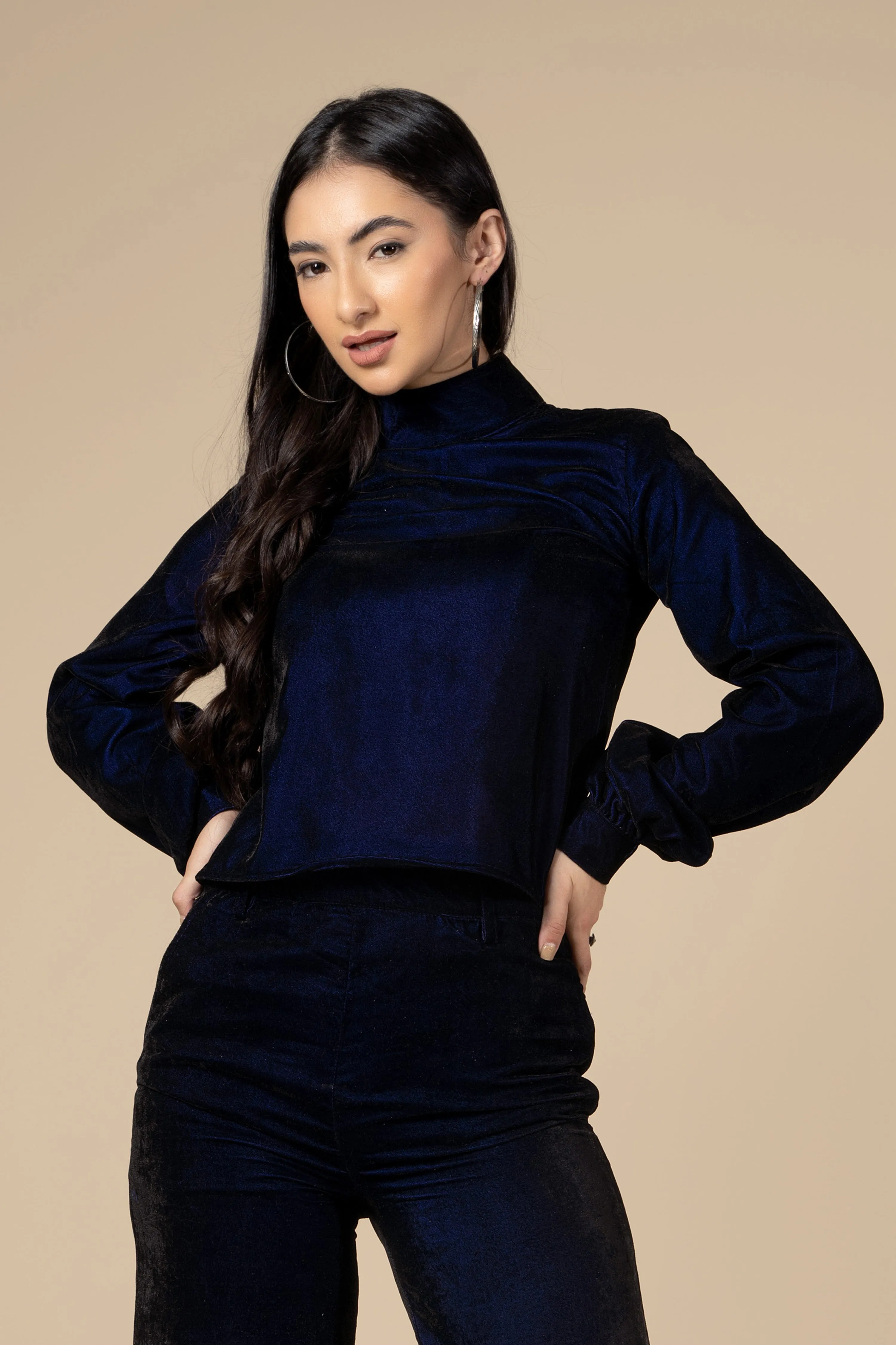 Blue High Neck Flounce Sleeve Velvet Top For Women