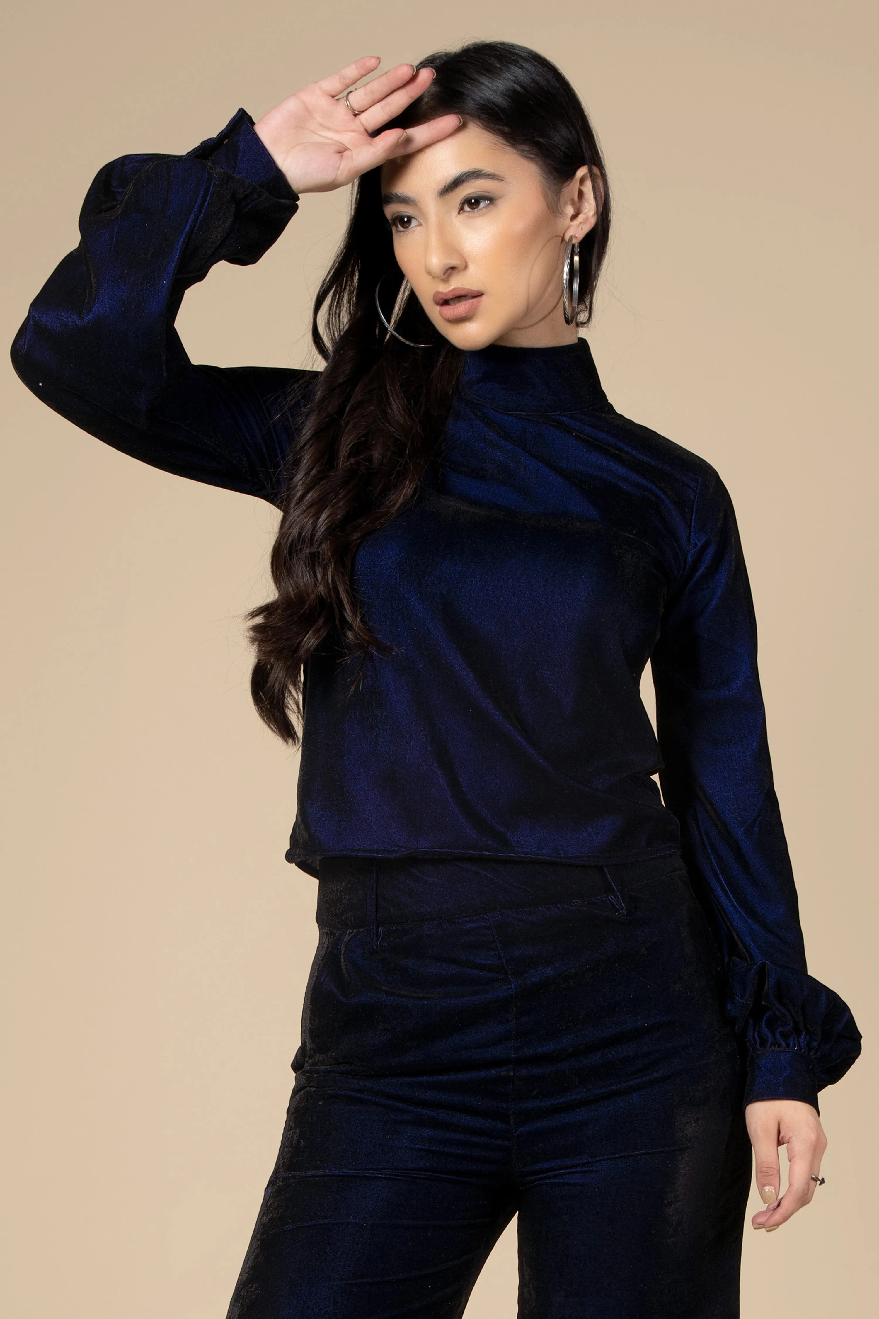 Blue High Neck Flounce Sleeve Velvet Top For Women