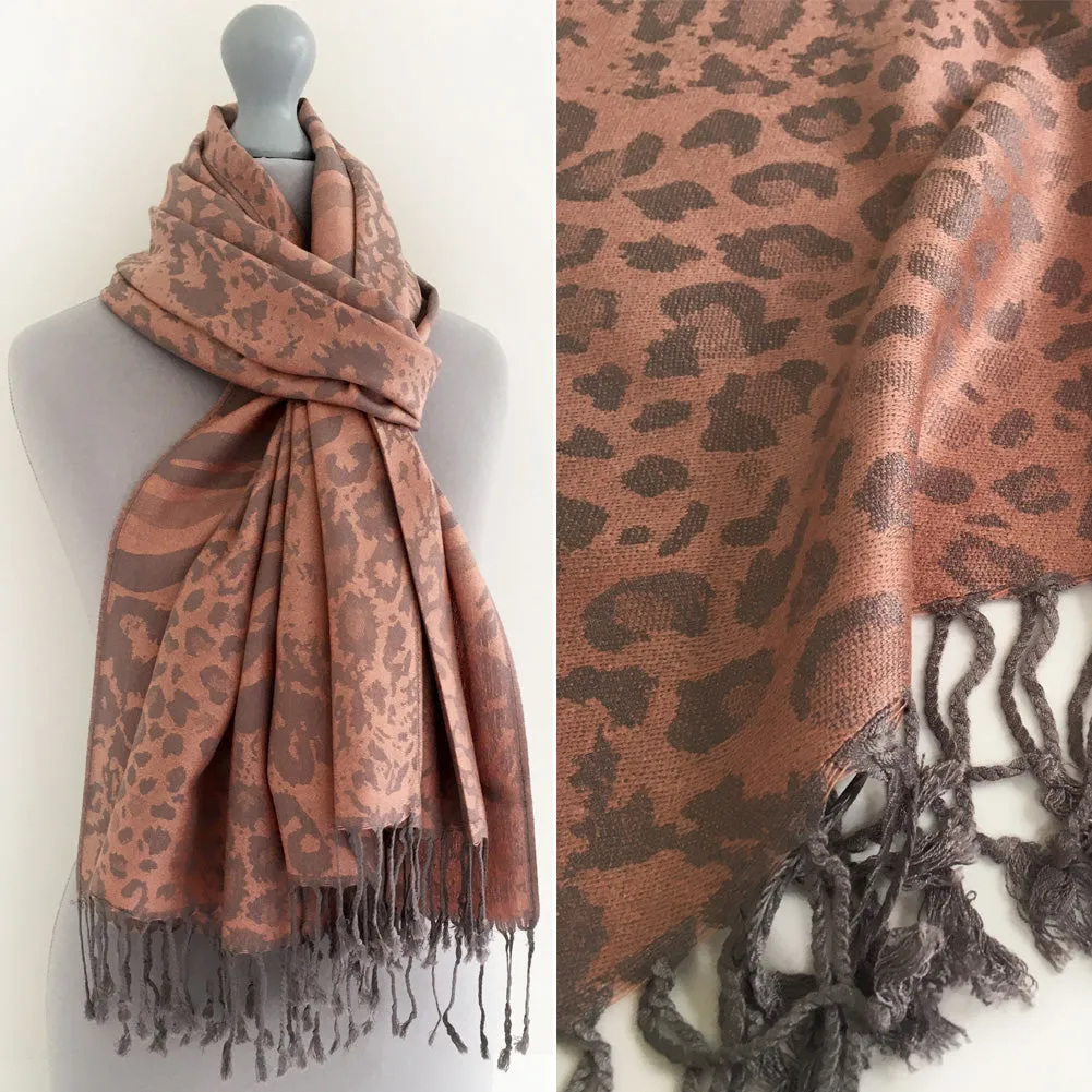 BLUSH PINK LARGE LEOPARD PRINT REVERSIBLE PASHMINA SHAWL SCARF